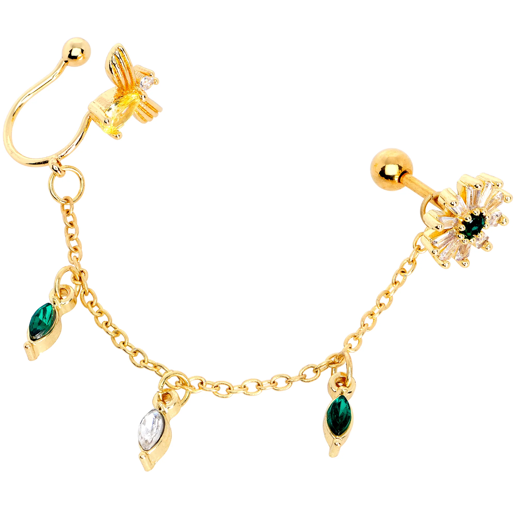16G 1/4 Green Gem Gold Tone Angel Cuff Chain Left Cartilage - Image 3