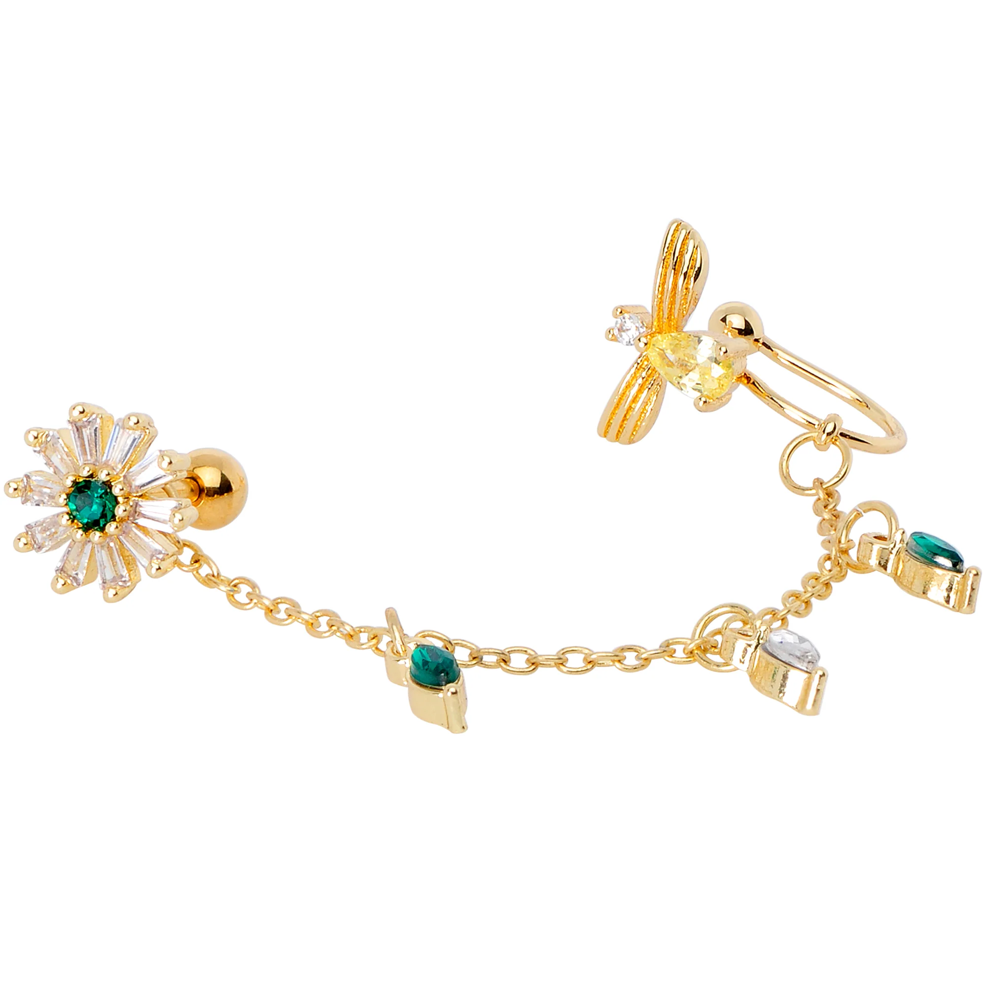 16G 1/4 Green Gem Gold Tone Angel Cuff Chain Right Cartilage - Image 2