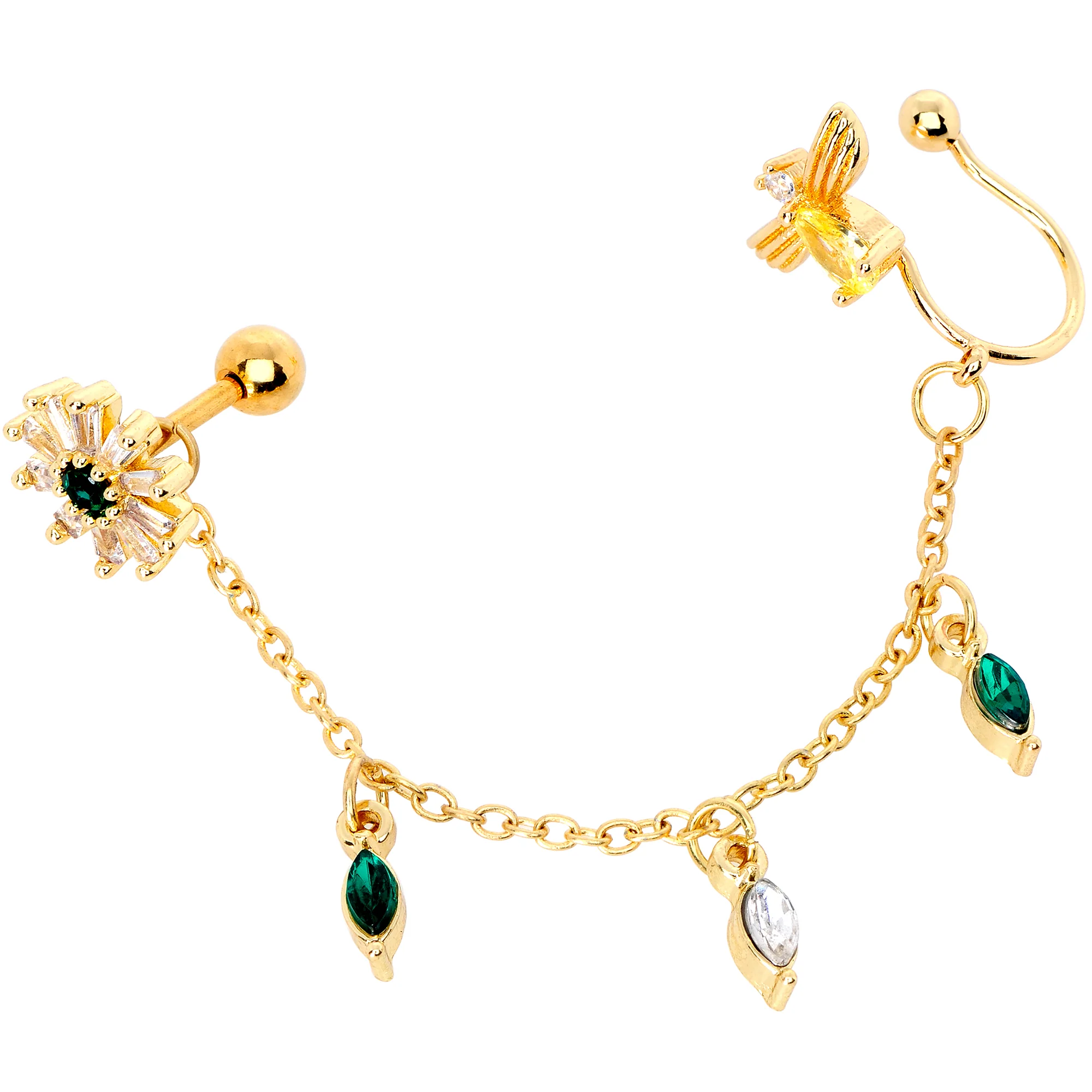 16G 1/4 Green Gem Gold Tone Angel Cuff Chain Right Cartilage - Image 3