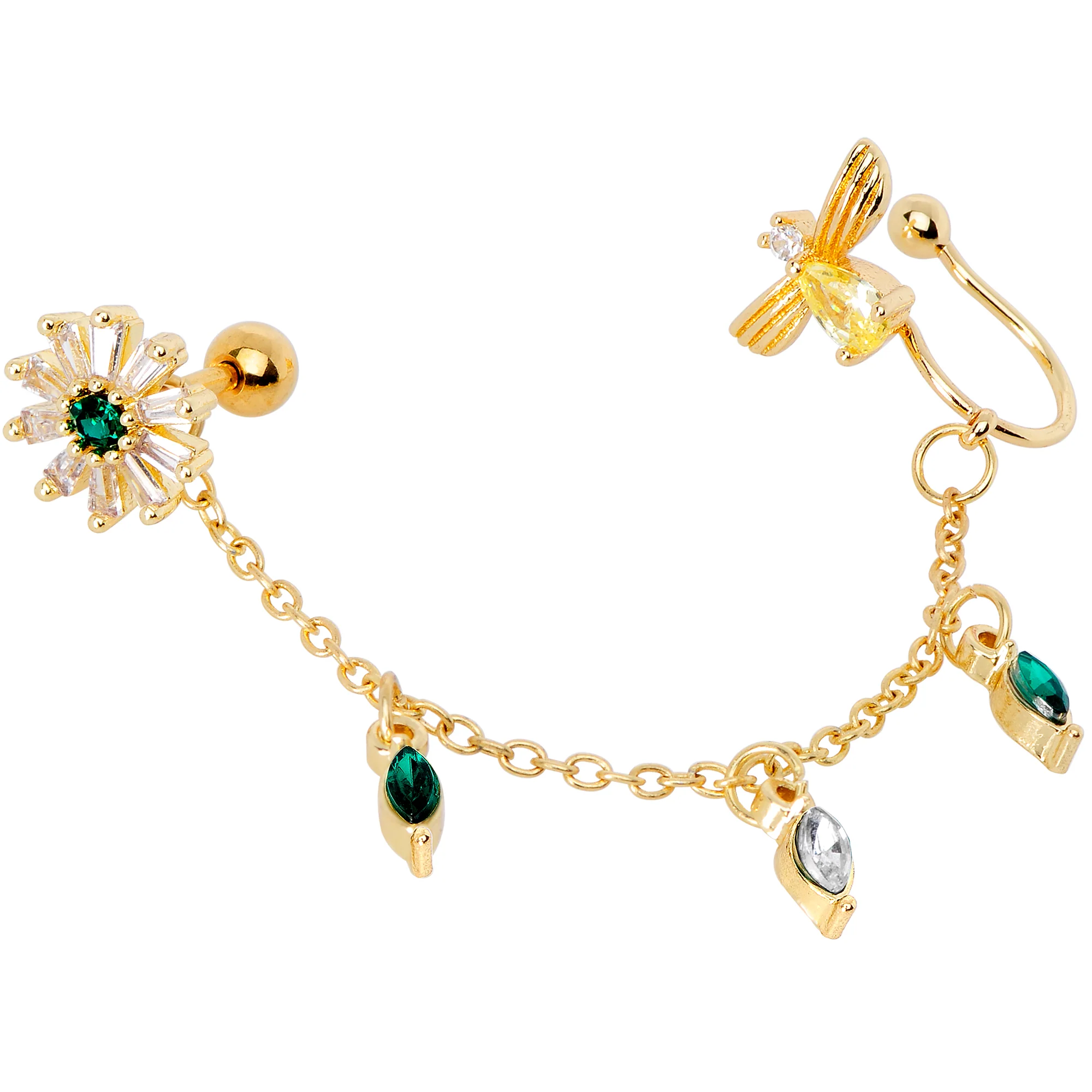 16G 1/4 Green Gem Gold Tone Angel Cuff Chain Right Cartilage - Image 4