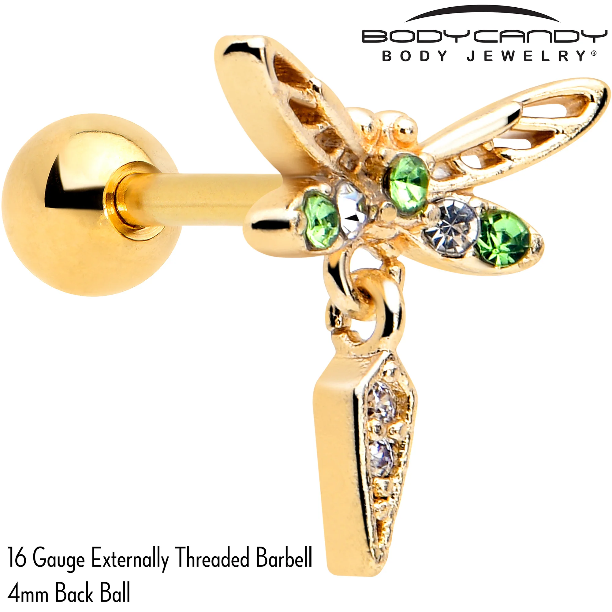 16G 1/4 Green Gem Gold Tone Swank Dragonfly Dangle Cartilage Earring - Image 2