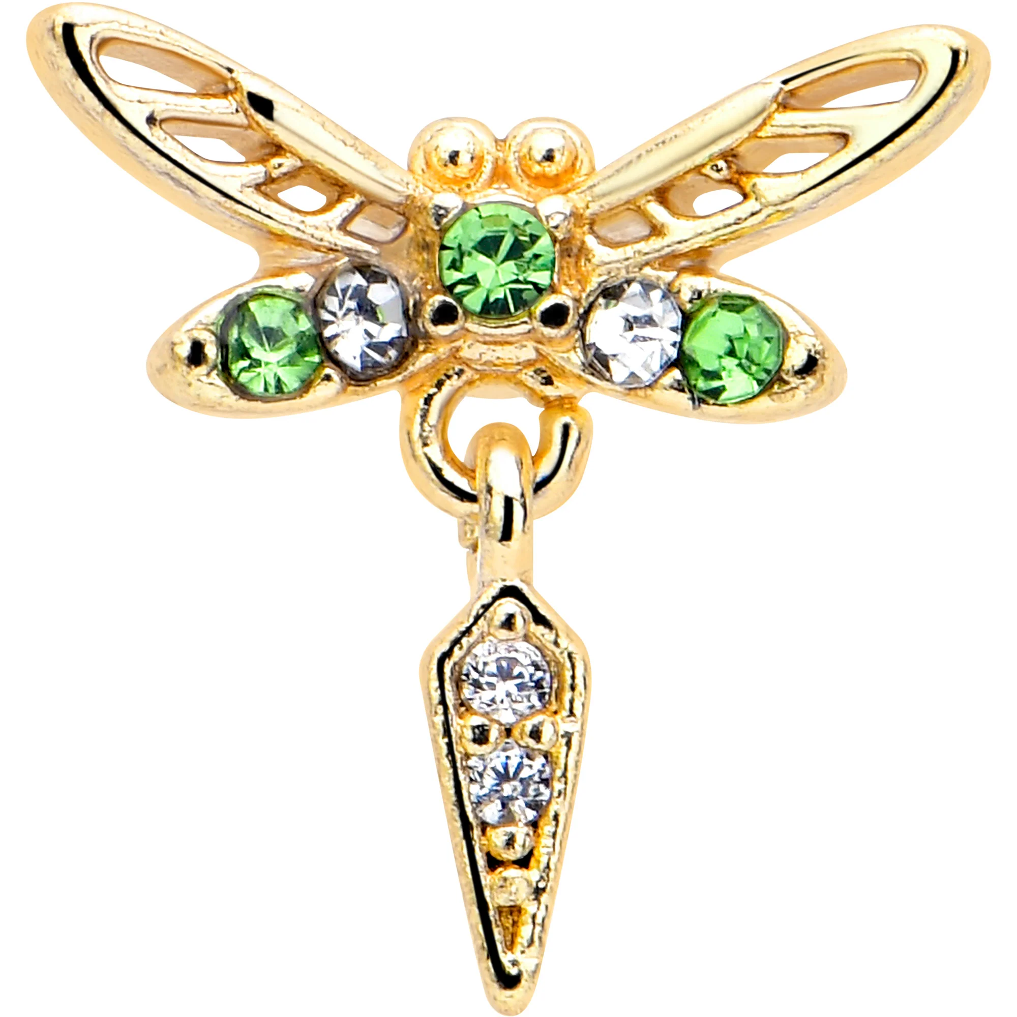 16G 1/4 Green Gem Gold Tone Swank Dragonfly Dangle Cartilage Earring - Image 3