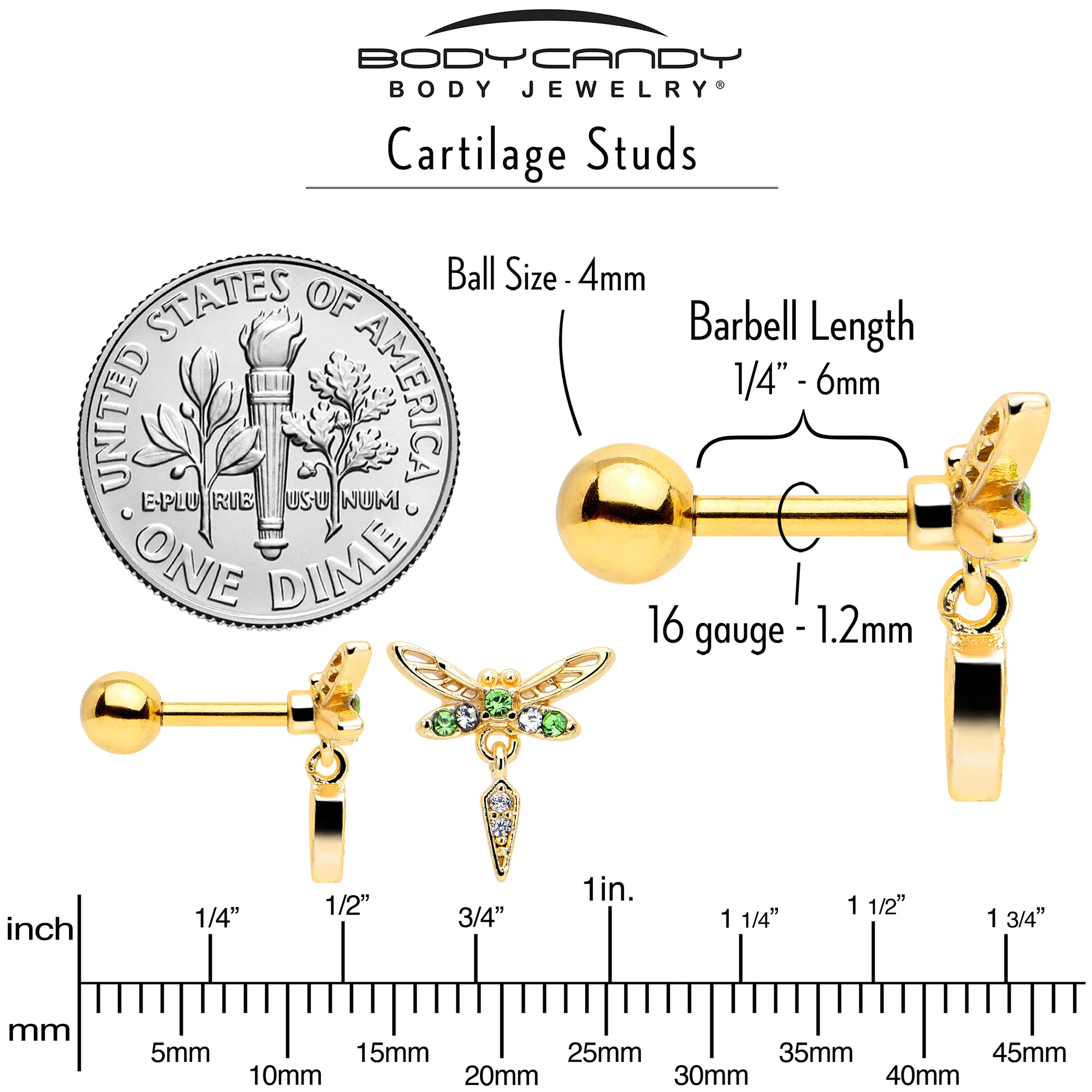 16G 1/4 Green Gem Gold Tone Swank Dragonfly Dangle Cartilage Earring - Image 5