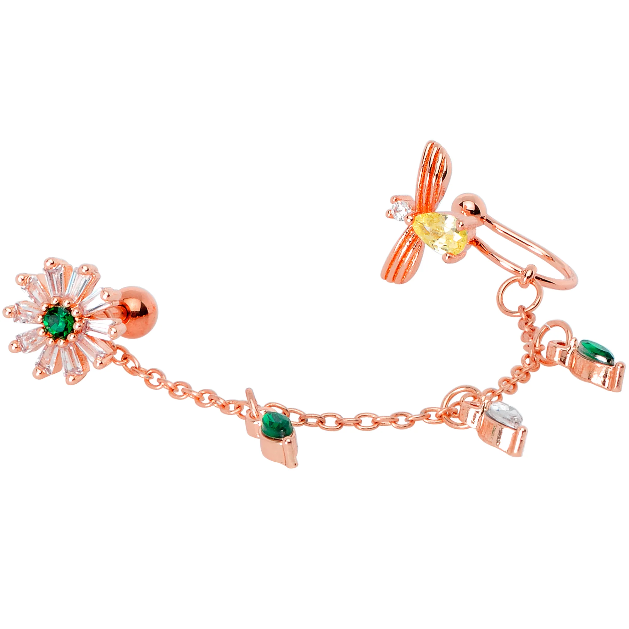 16G 1/4 Green Gem Rose Gold Hue Angel Cuff Chain Right Cartilage - Image 2