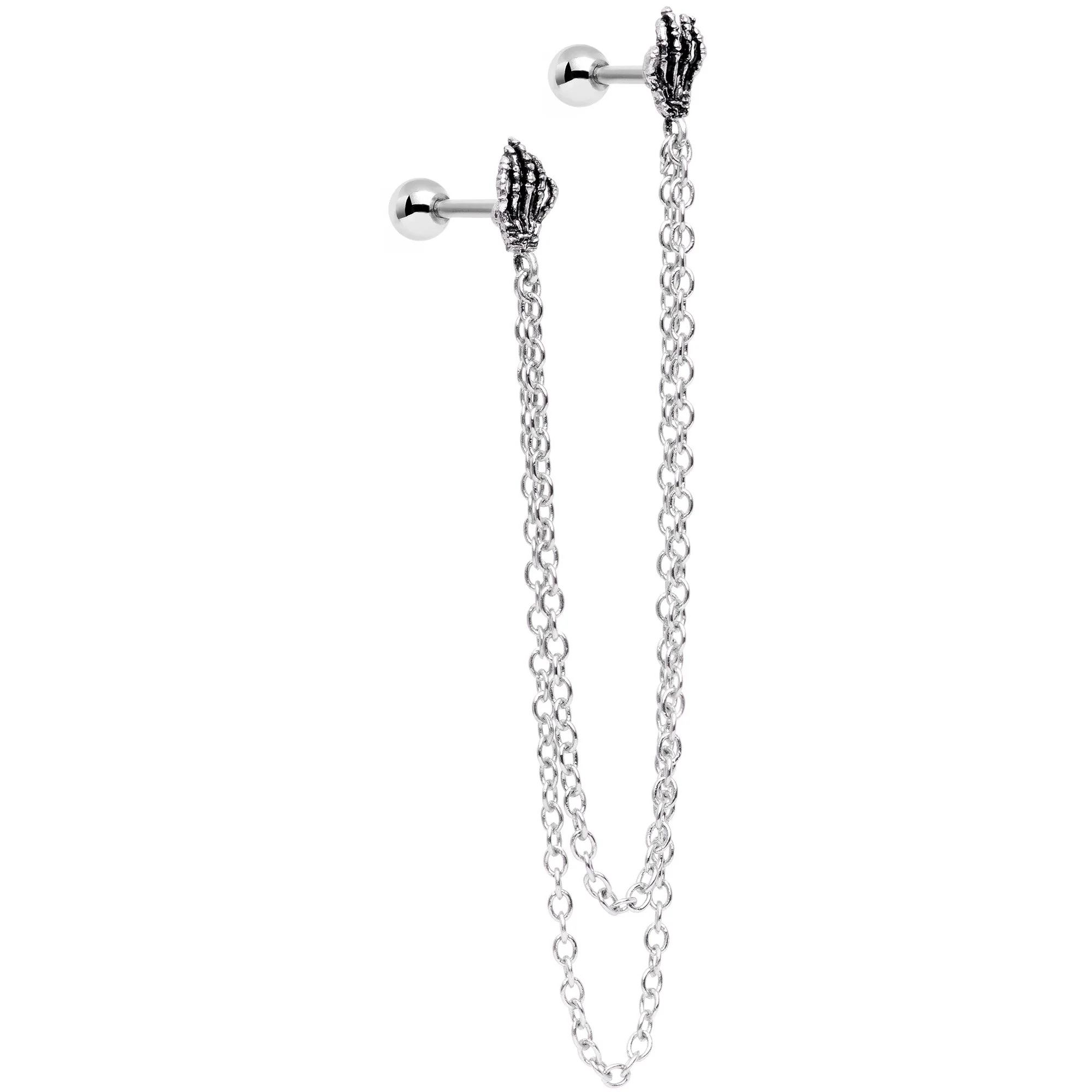 16G 1/4 Halloween Skeleton Hands Cartilage Chain Earring - Image 2