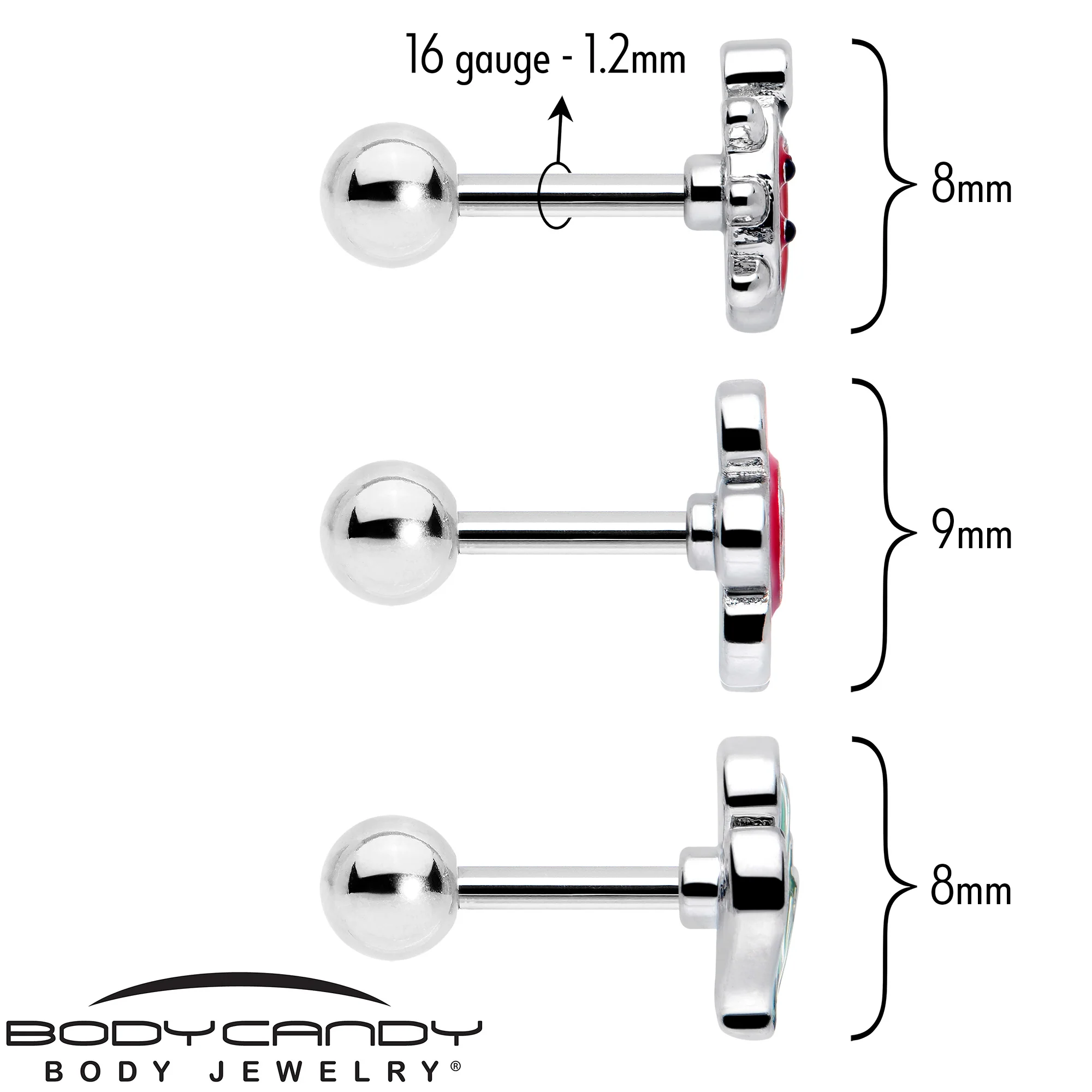 16G 1/4 Ladybug Hippie Flower Cartilage Tragus Earring Set of 3 - Image 2