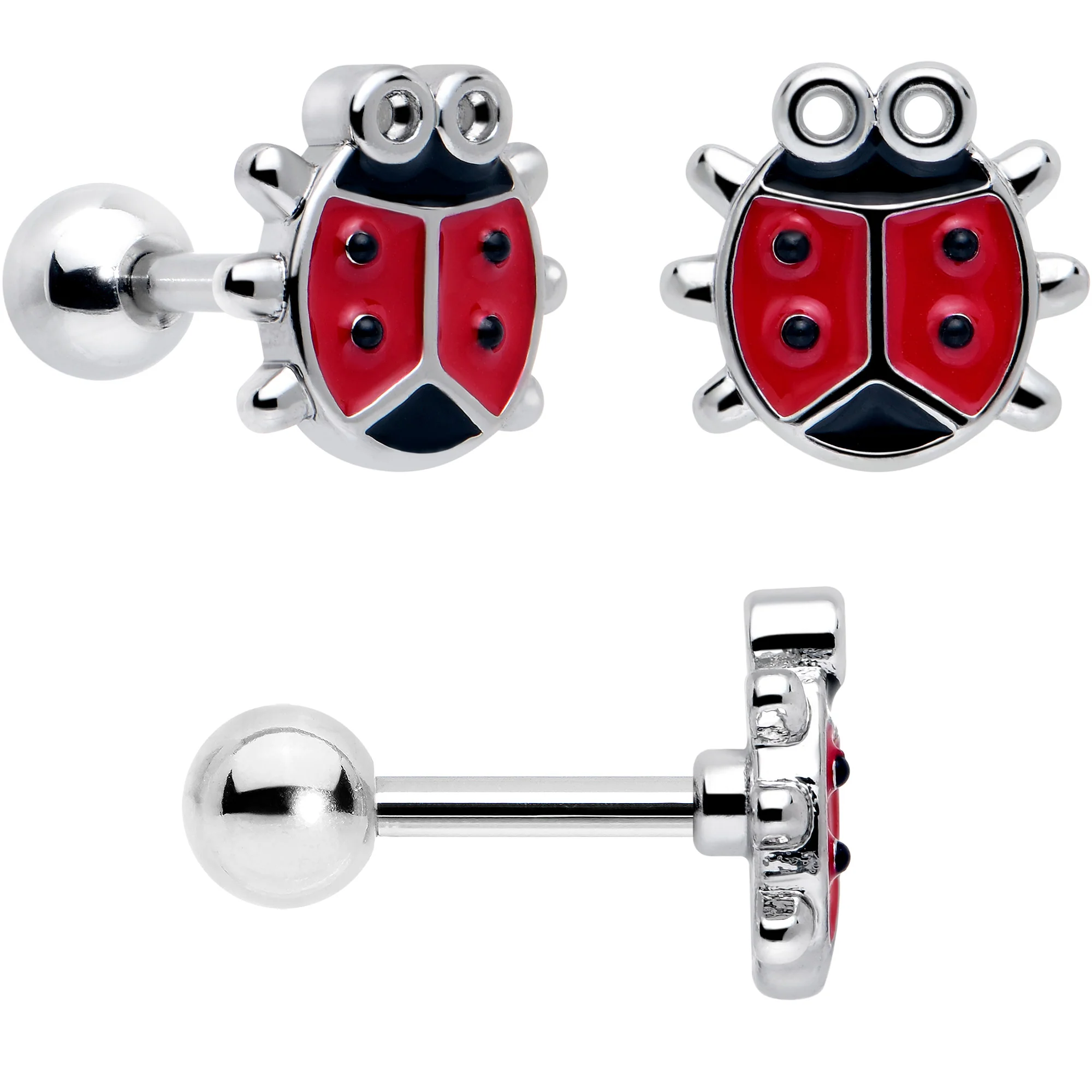 16G 1/4 Ladybug Hippie Flower Cartilage Tragus Earring Set of 3 - Image 3