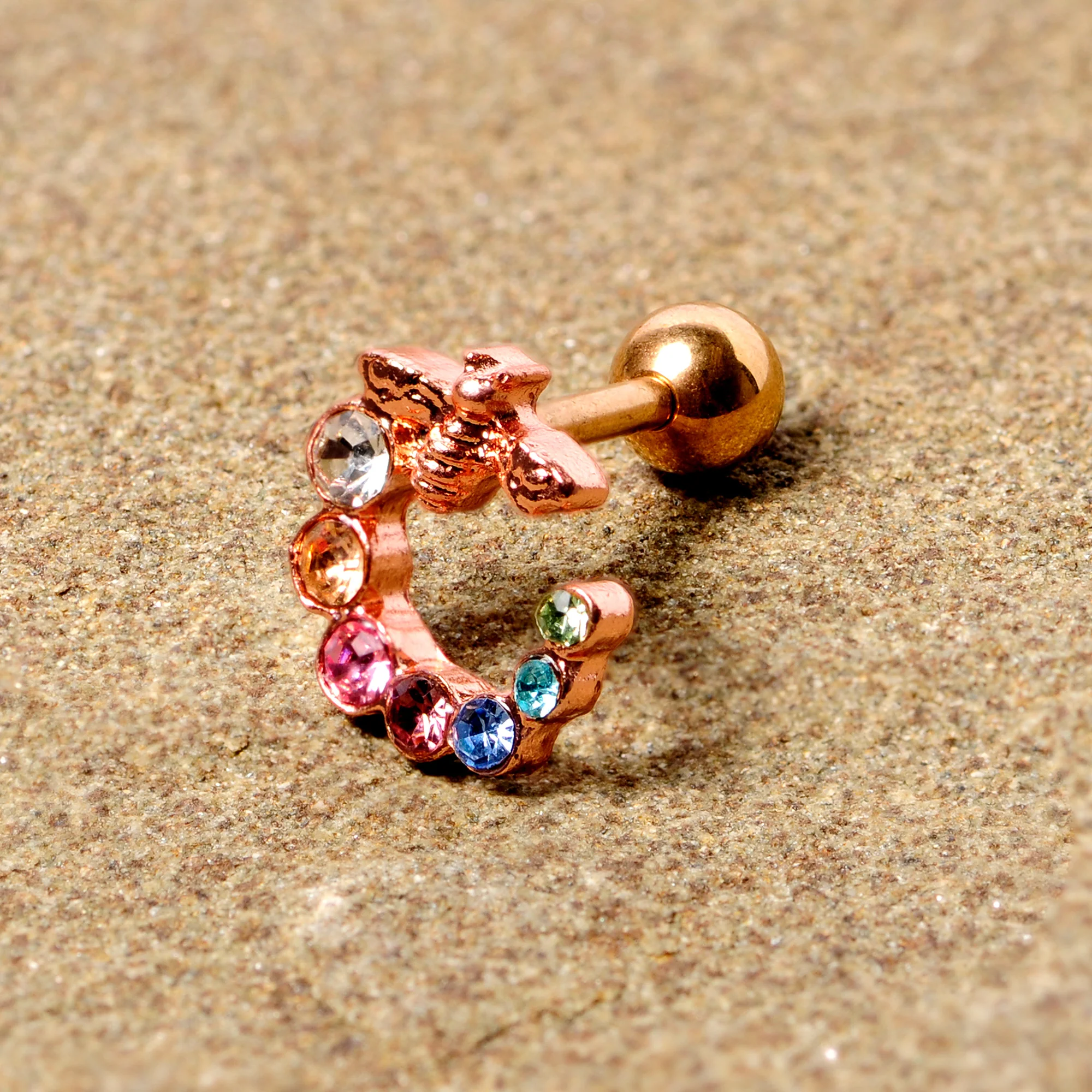 16G 1/4 Multicolor Gem Rose Gold Tone Bee Cartilage Tragus Earring - Image 3