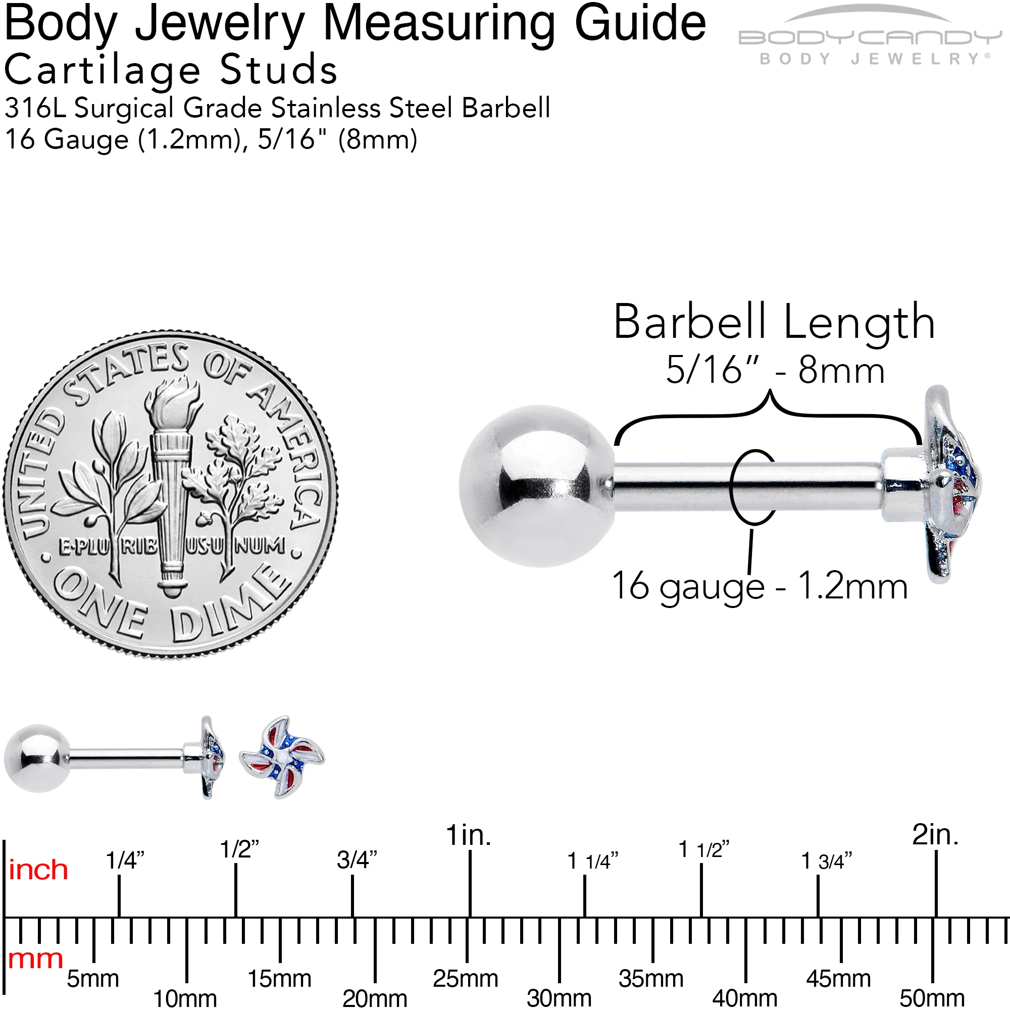16G 1/4 Patriotic Pinwheel Cartilage Tragus Earring - Image 5