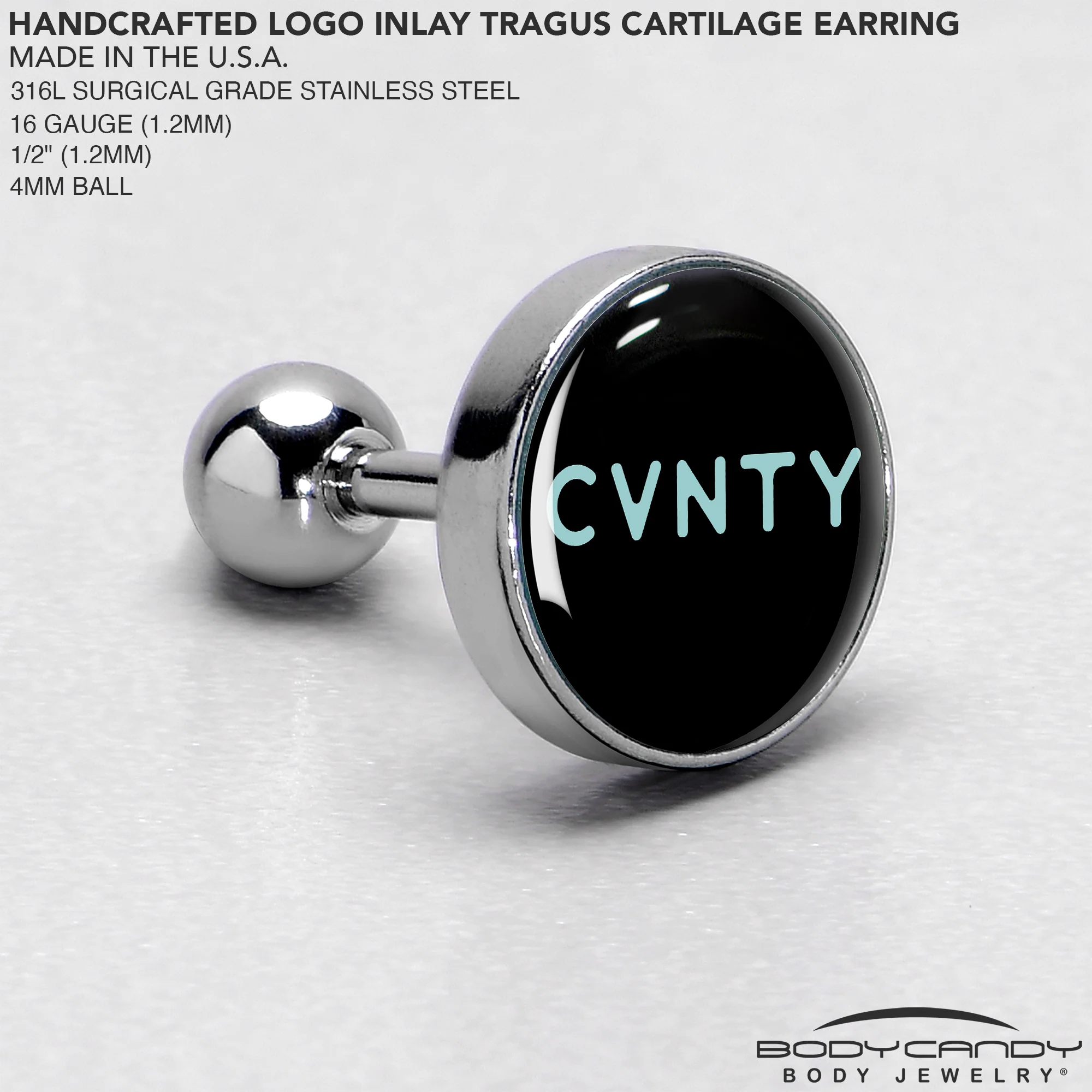 16G 1/4 Phrase Logo CVNTY Tragus Cartilage Earring by Onyx O - Image 4