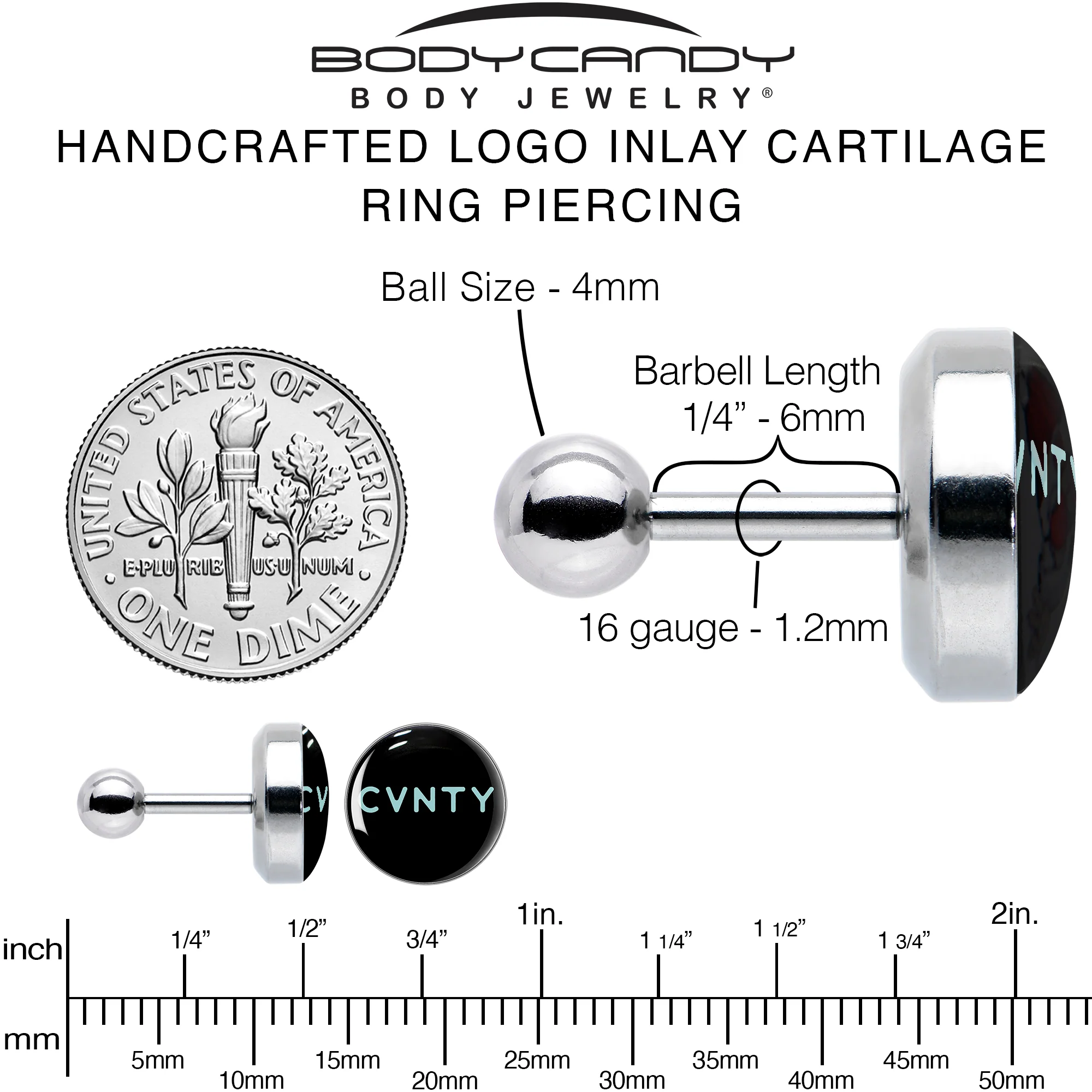 16G 1/4 Phrase Logo CVNTY Tragus Cartilage Earring by Onyx O - Image 6