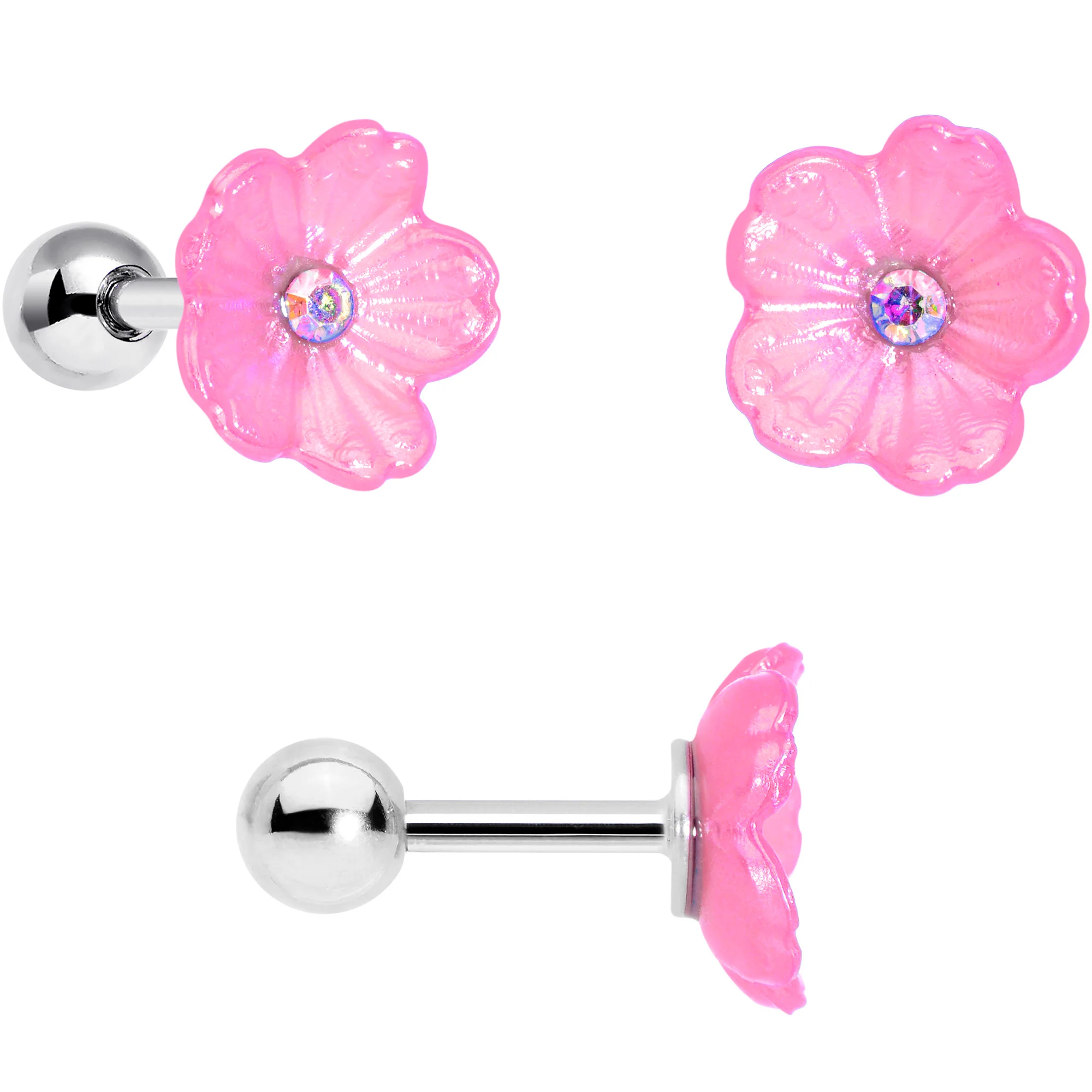 16G 1/4 Pink Aurora Gem Flower Cartilage Tragus Earring Set of 3 - Image 2