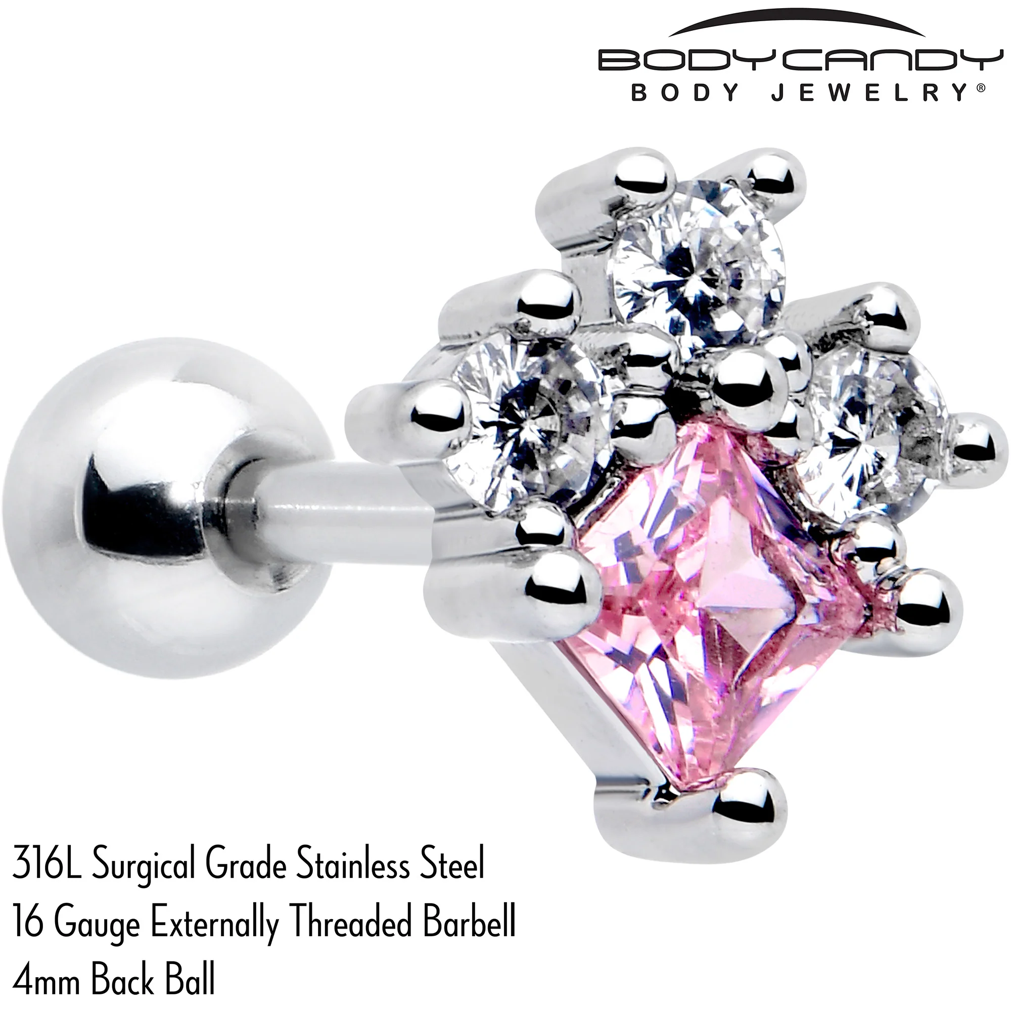 16G 1/4 Pink Clear CZ Gem Rhombus Riot Cartilage Tragus Earring - Image 2
