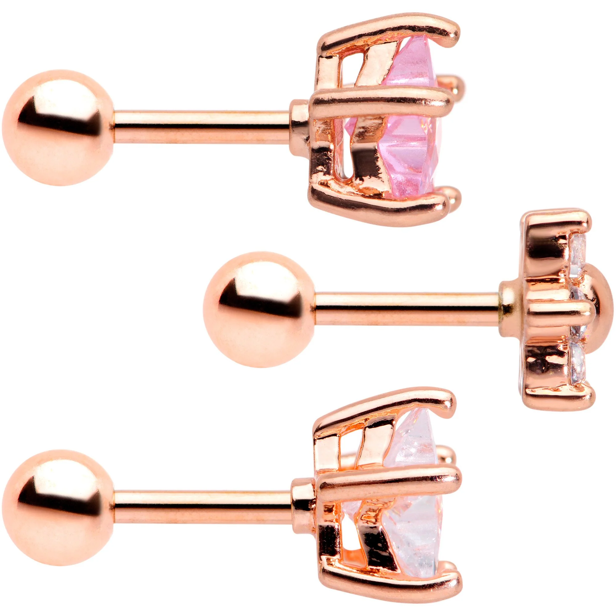 16G 1/4 Pink Clear CZ Gem Rose Gold Tone Star Tragus Set of 3 - Image 3