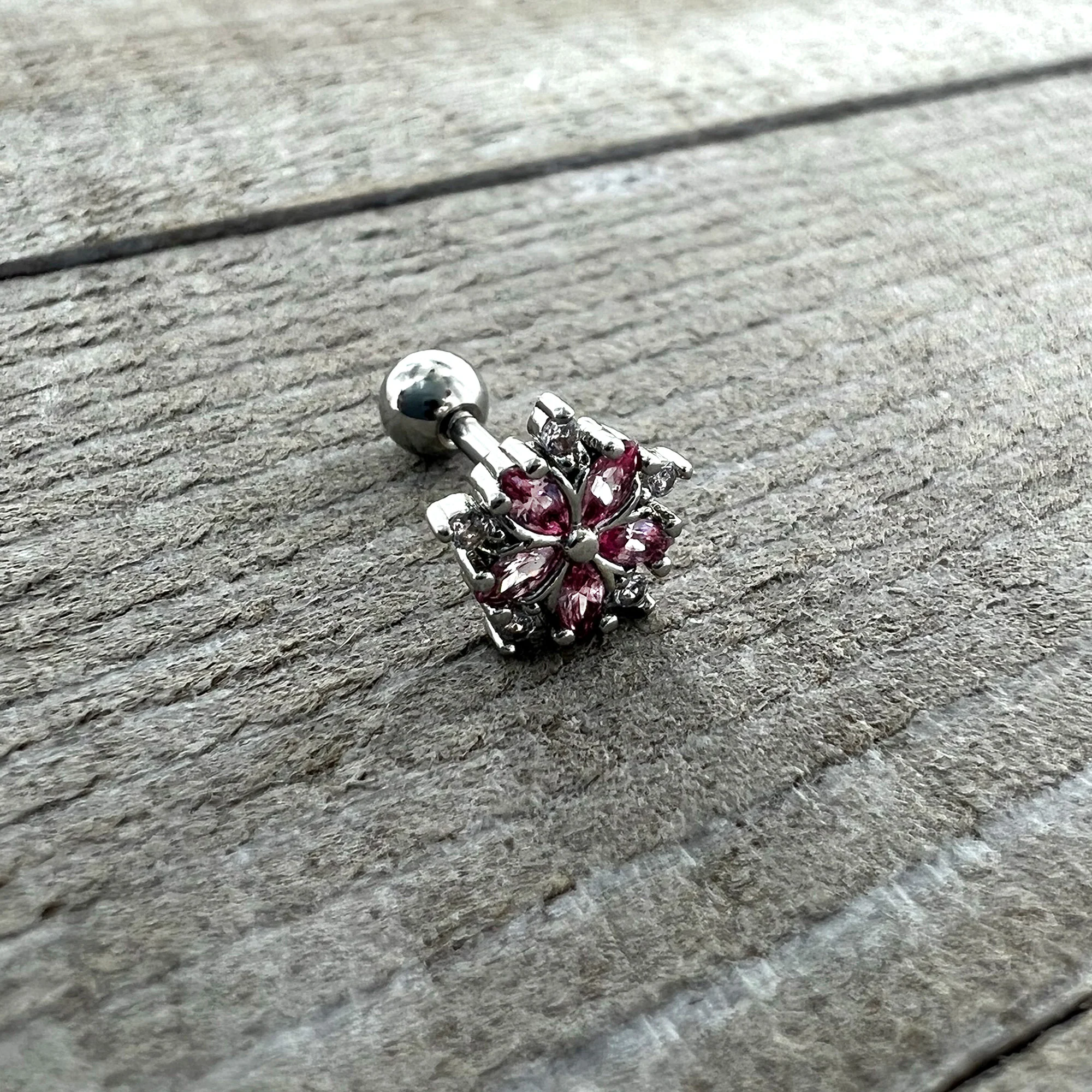 16G 1/4 Pink CZ Gem Floral Burst Cartilage Tragus Earring - Image 6
