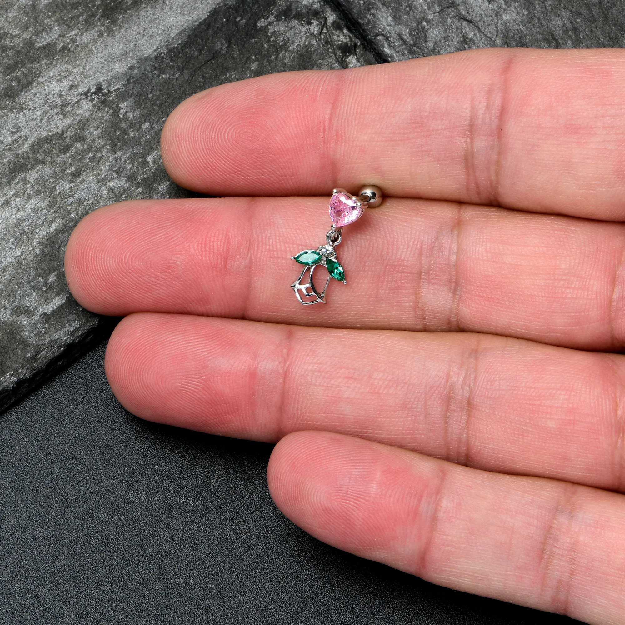 16G 1/4 Pink CZ Gem Heart And Rose Dangle Cartilage Earring - Image 4