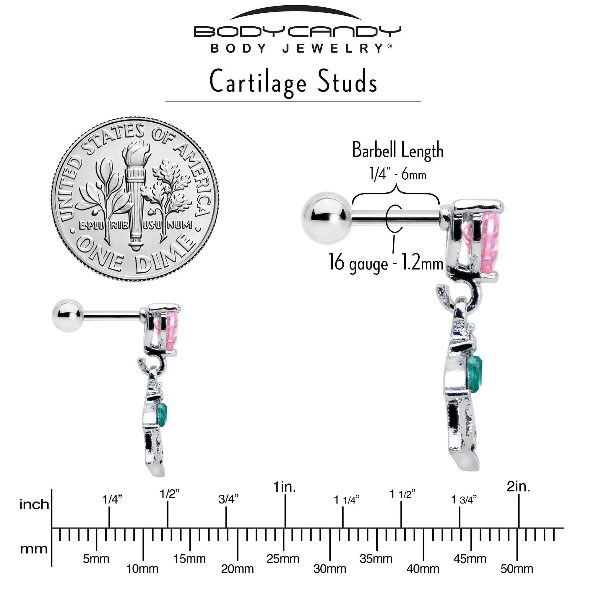 16G 1/4 Pink CZ Gem Heart And Rose Dangle Cartilage Earring - Image 5