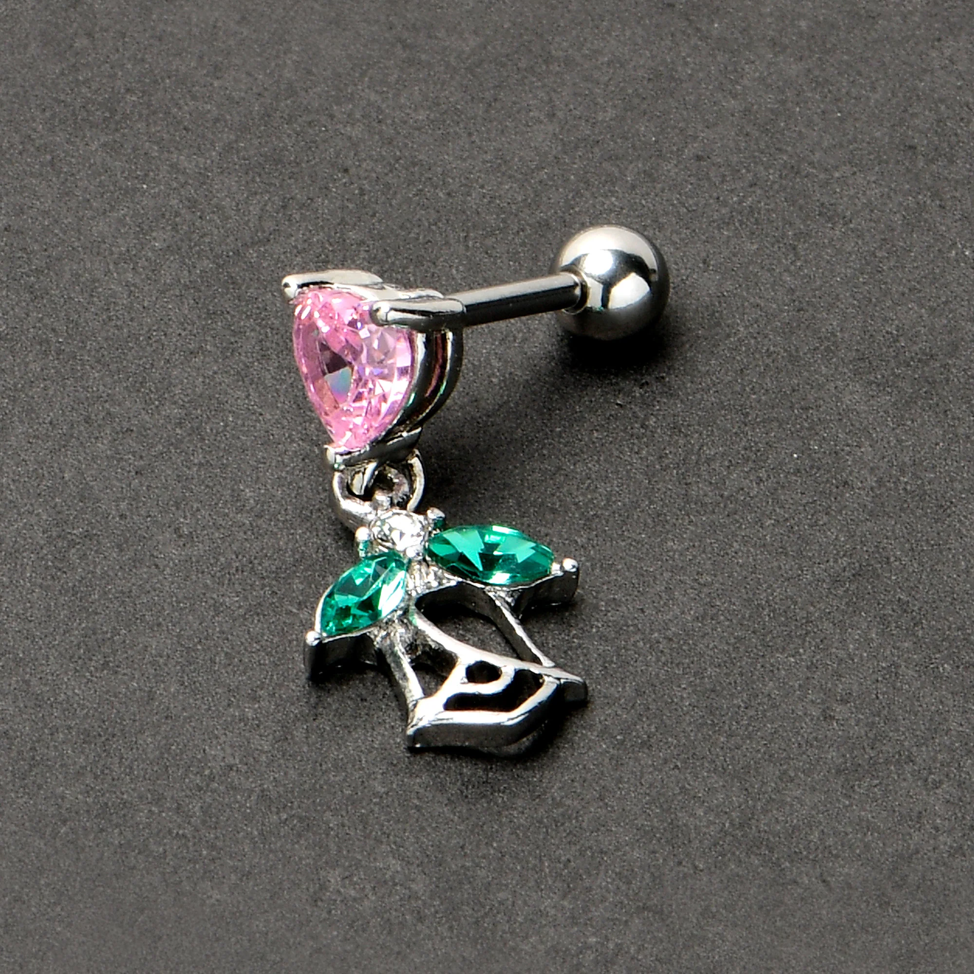 16G 1/4 Pink CZ Gem Heart And Rose Dangle Cartilage Earring - Image 6