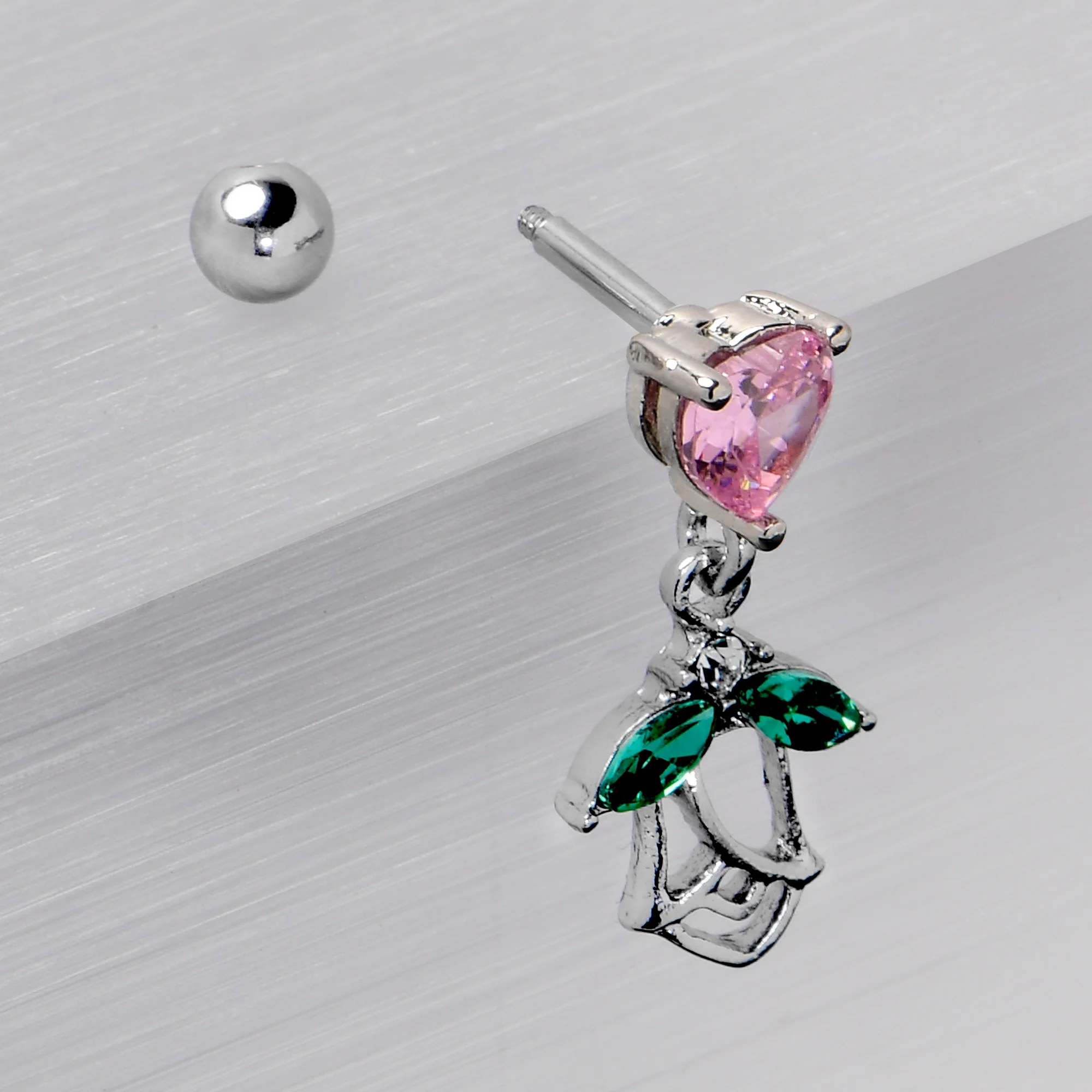 16G 1/4 Pink CZ Gem Heart And Rose Dangle Cartilage Earring - Image 7