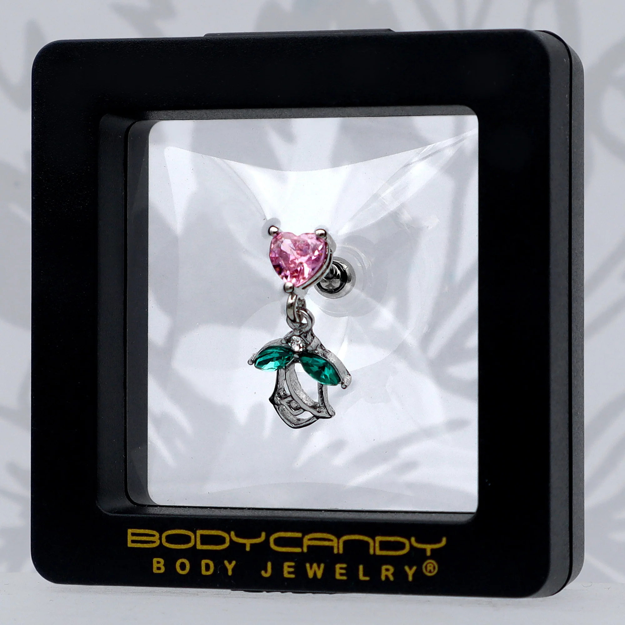 16G 1/4 Pink CZ Gem Heart And Rose Dangle Cartilage Earring - Image 8