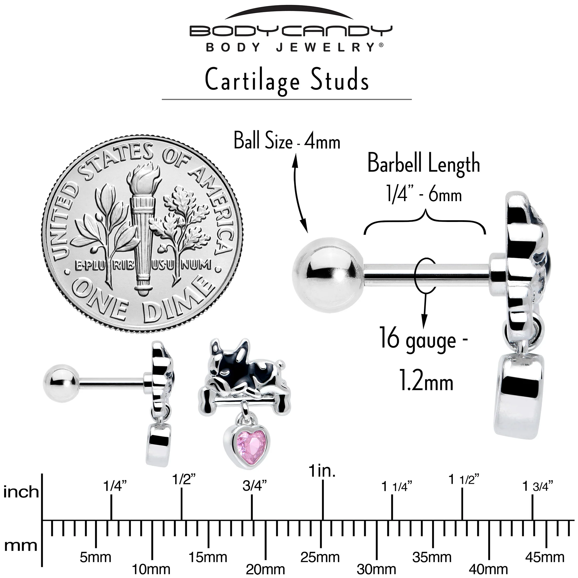 16G 1/4 Pink CZ Gem Sleepy French Bulldog Dangle Cartilage Earring - Image 5