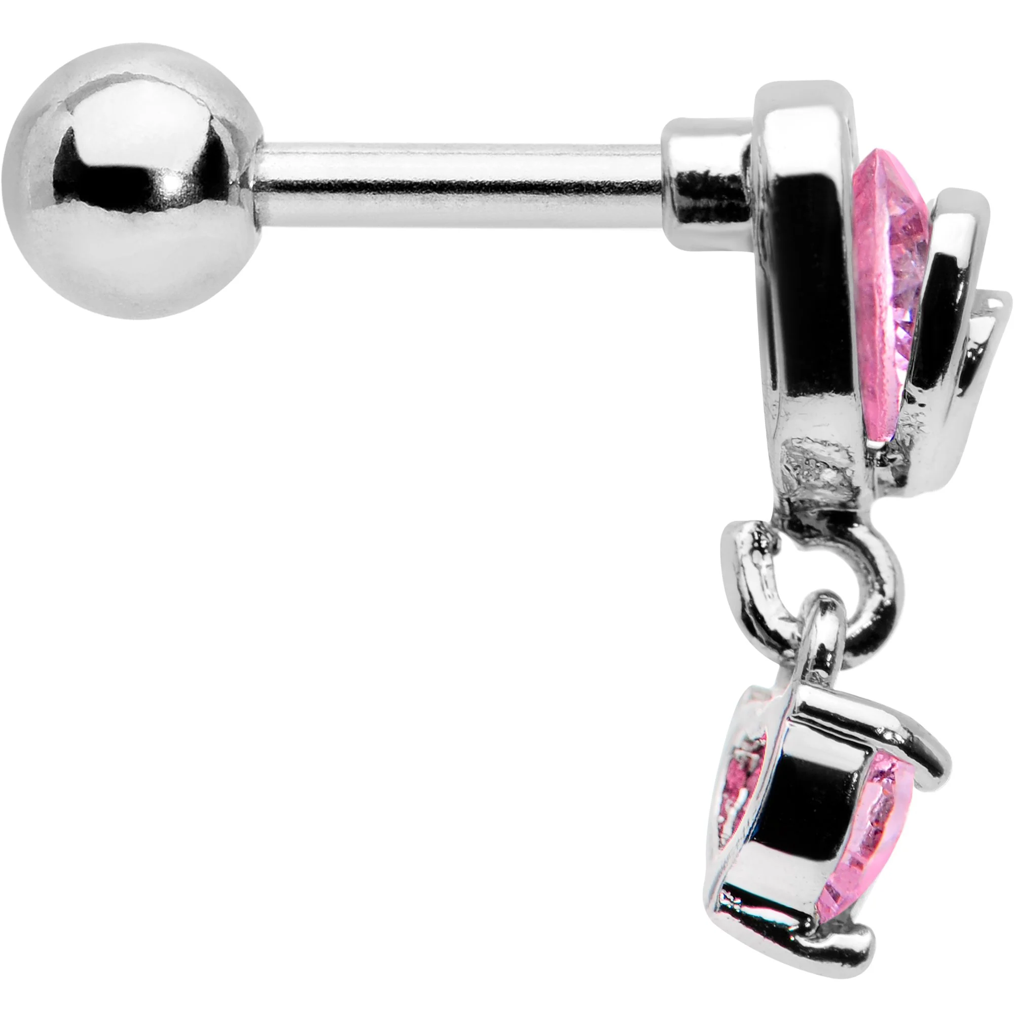 16G 1/4 Pink CZ Gem Triple Heart Dangle Cartilage Tragus Earring - Image 3