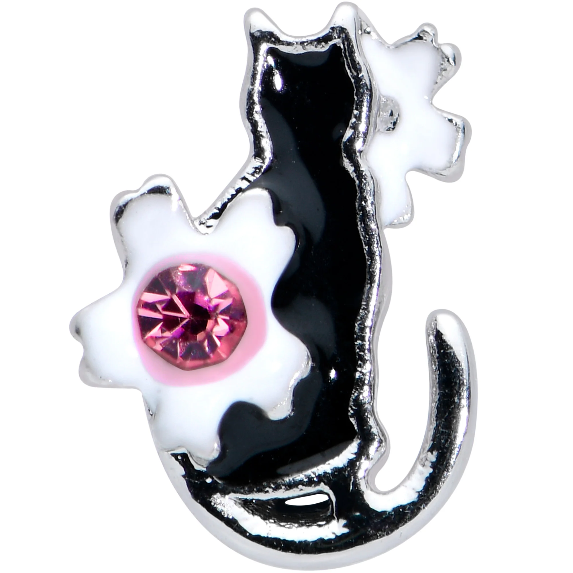 16G 1/4 Pink Gem Black Cat White Flowers Cartilage Tragus Earring - Image 2