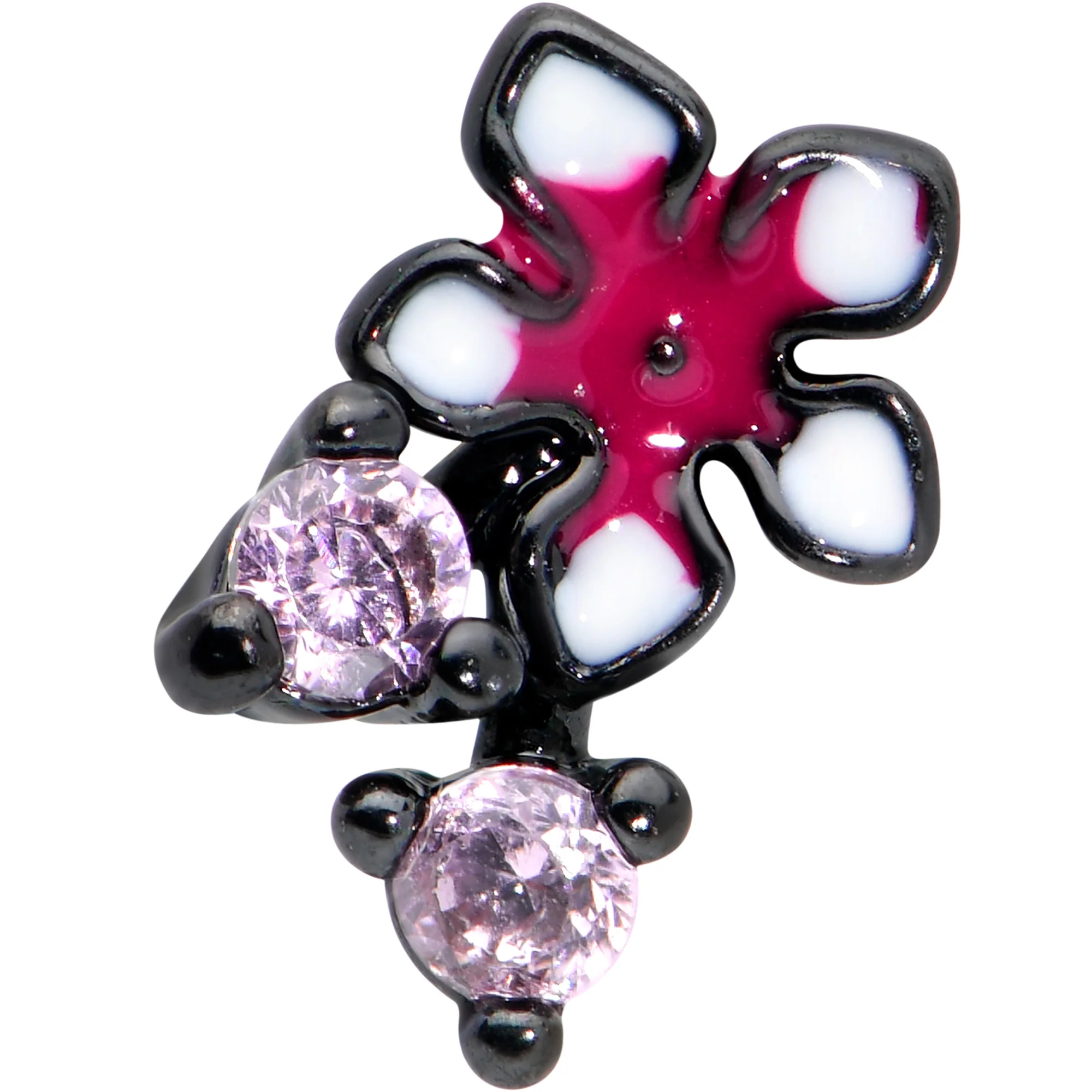 16G 1/4 Pink Gem Black Fanciful Flower Labret Monroe Tragus - Image 2