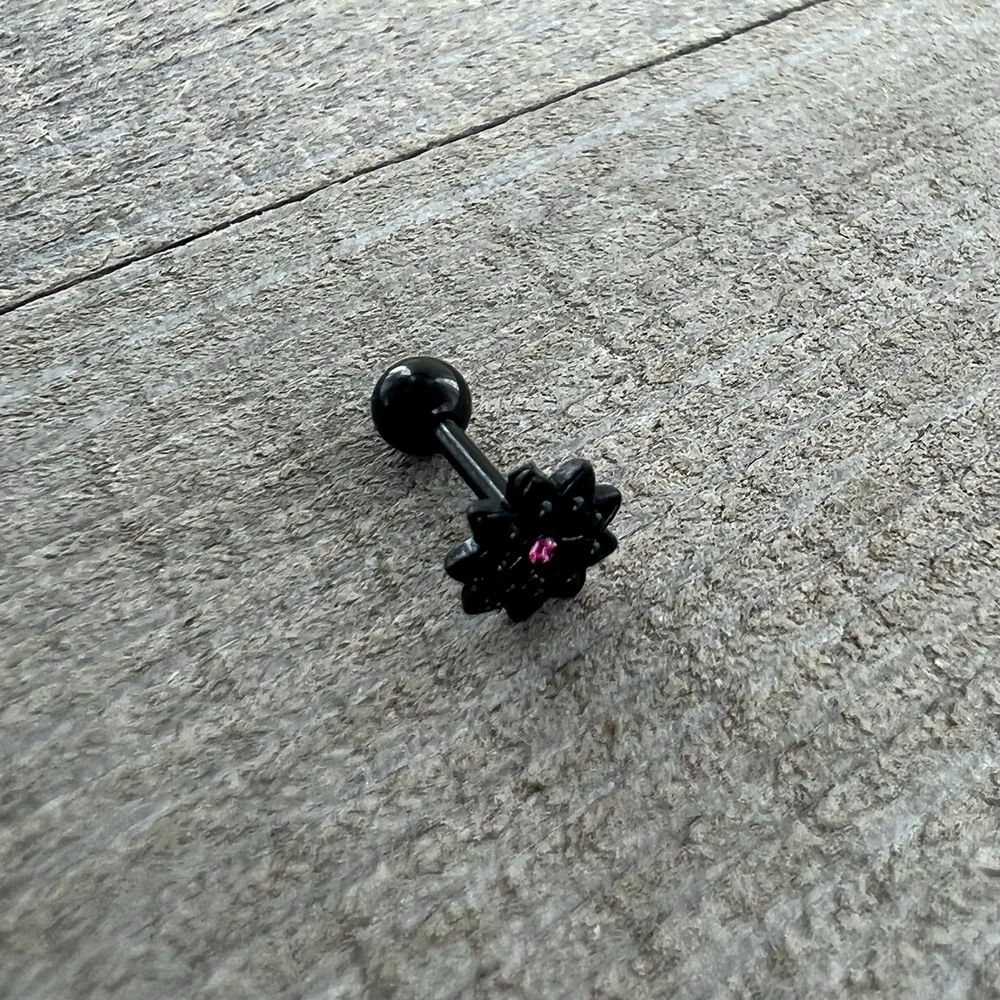 16G 1/4 Pink Gem Black Midnight Flower Cartilage Tragus Earring - Image 7
