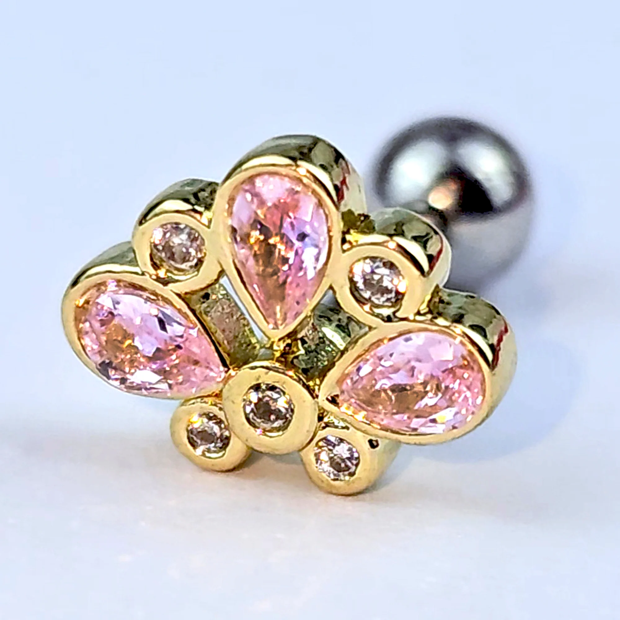 16G 1/4 Pink Gem Golden Crown Deluxe Cartilage Tragus Earring - Image 6