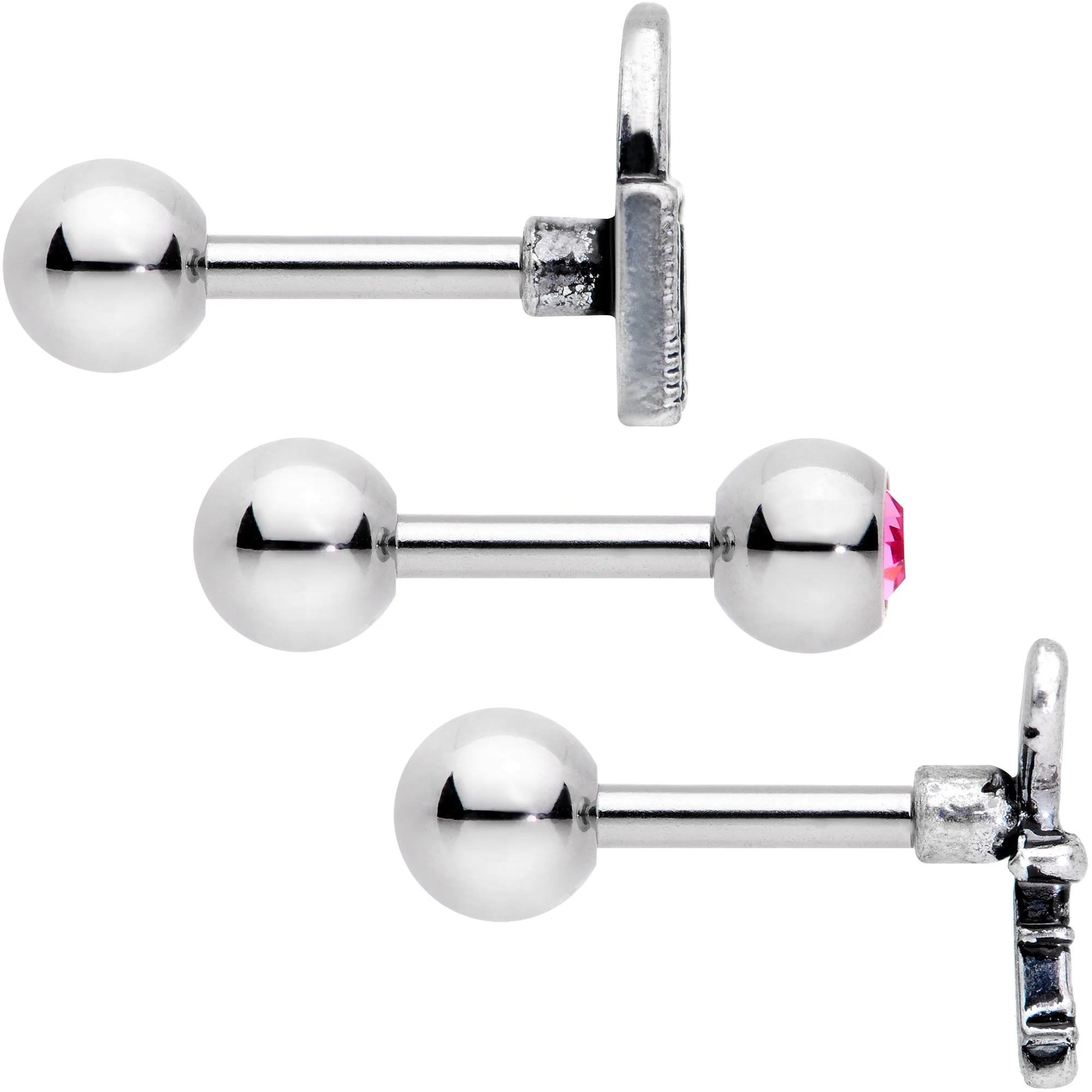 16G 1/4 Pink Gem Lock and Key Cartilage Tragus Earring Set of 3 - Image 2