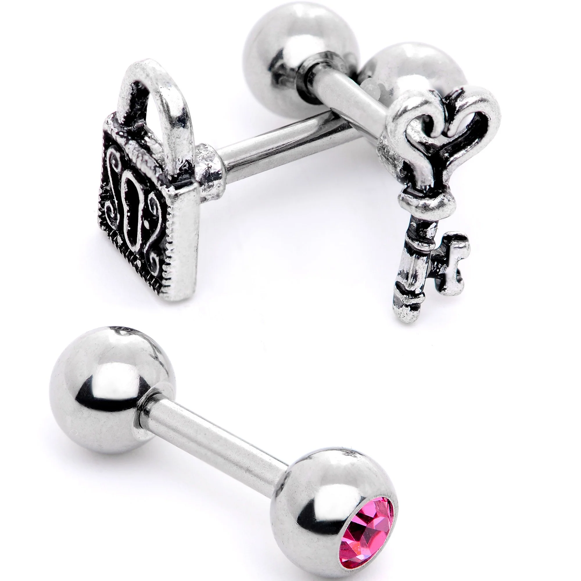 16G 1/4 Pink Gem Lock and Key Cartilage Tragus Earring Set of 3 - Image 3