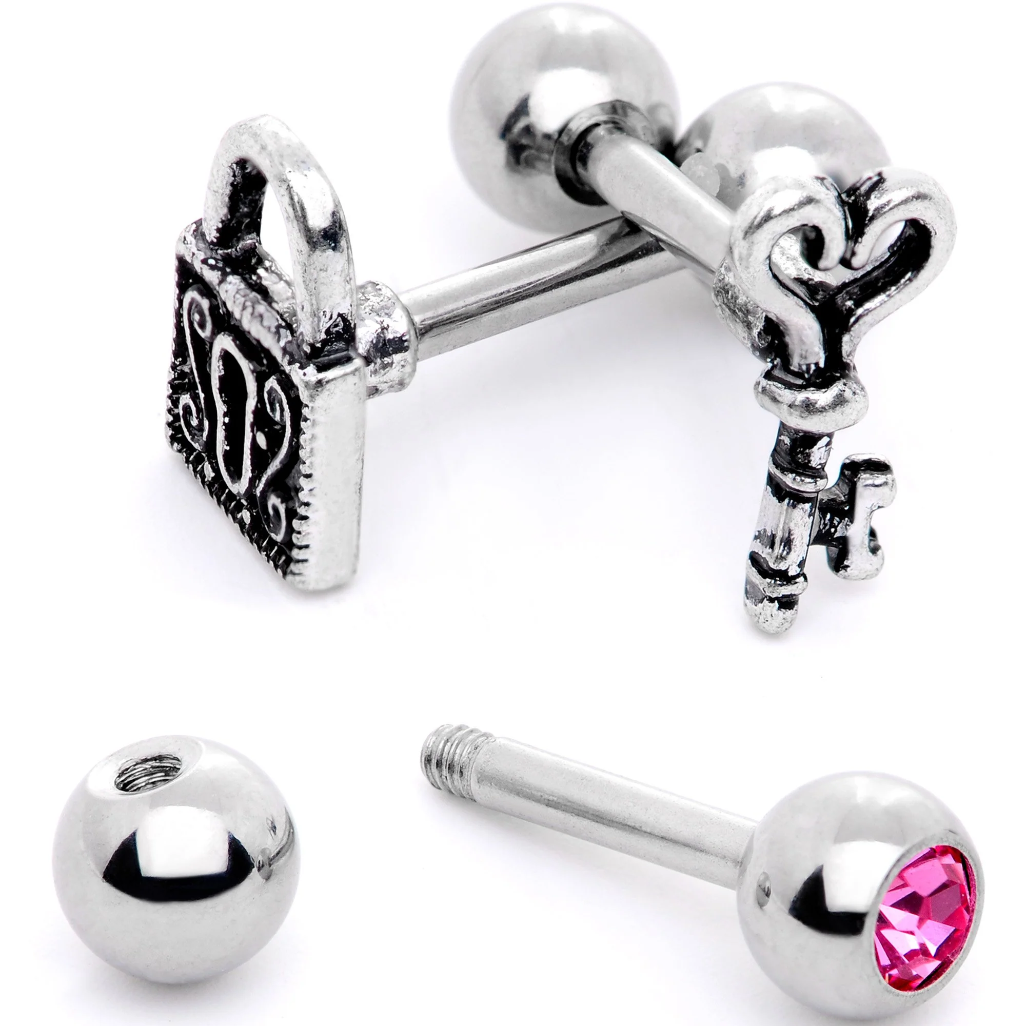 16G 1/4 Pink Gem Lock and Key Cartilage Tragus Earring Set of 3 - Image 4