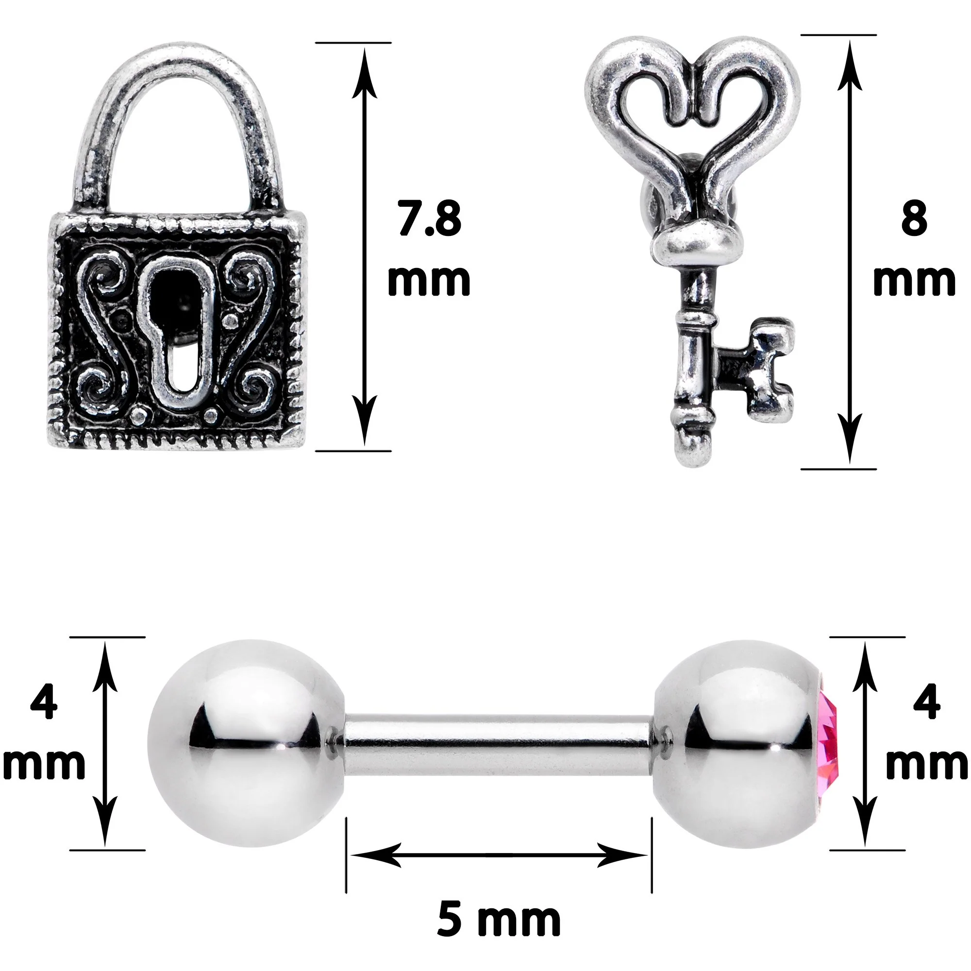16G 1/4 Pink Gem Lock and Key Cartilage Tragus Earring Set of 3 - Image 5