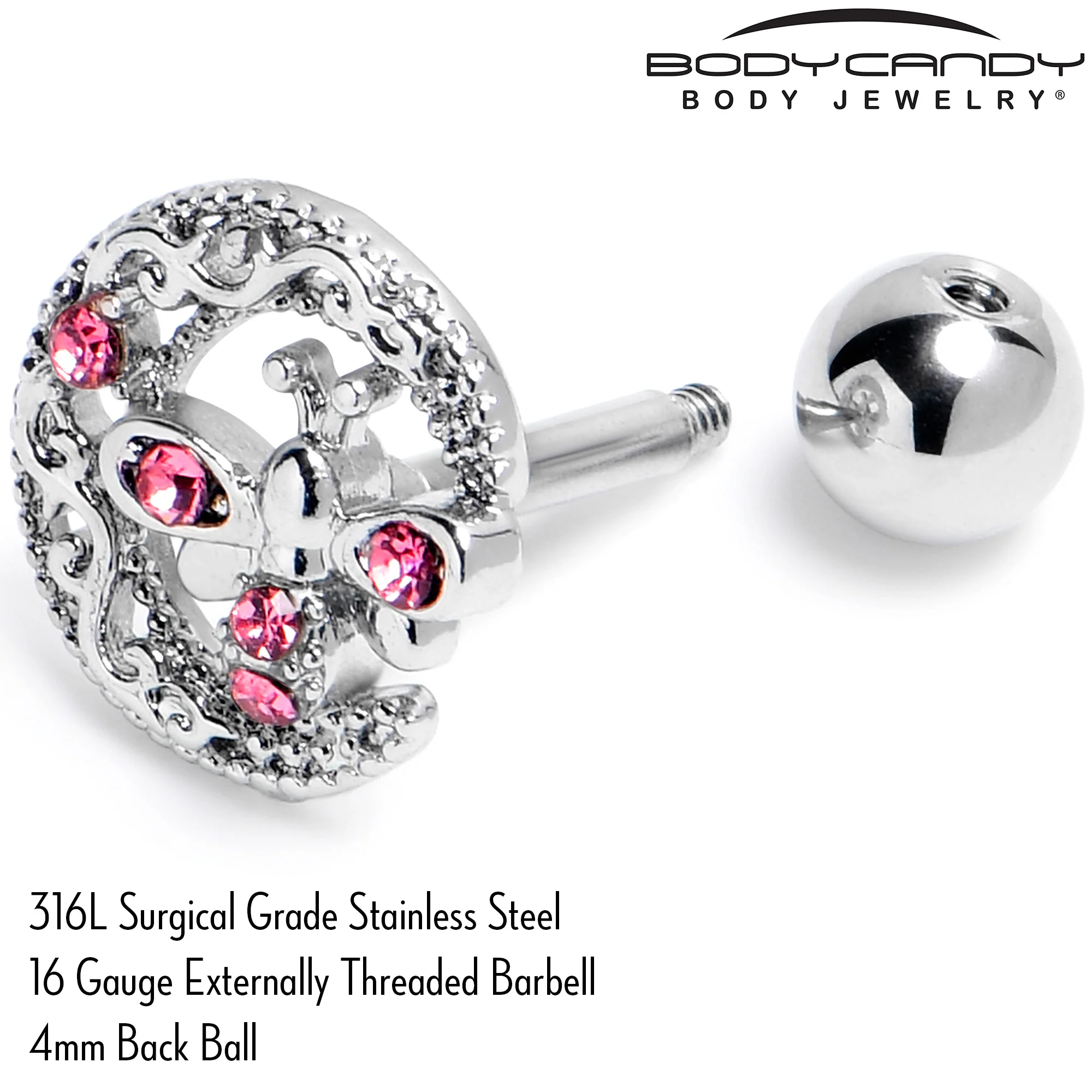 16G 1/4 Pink Gem Lunar Dragonfly Cartilage Tragus Earring - Image 5