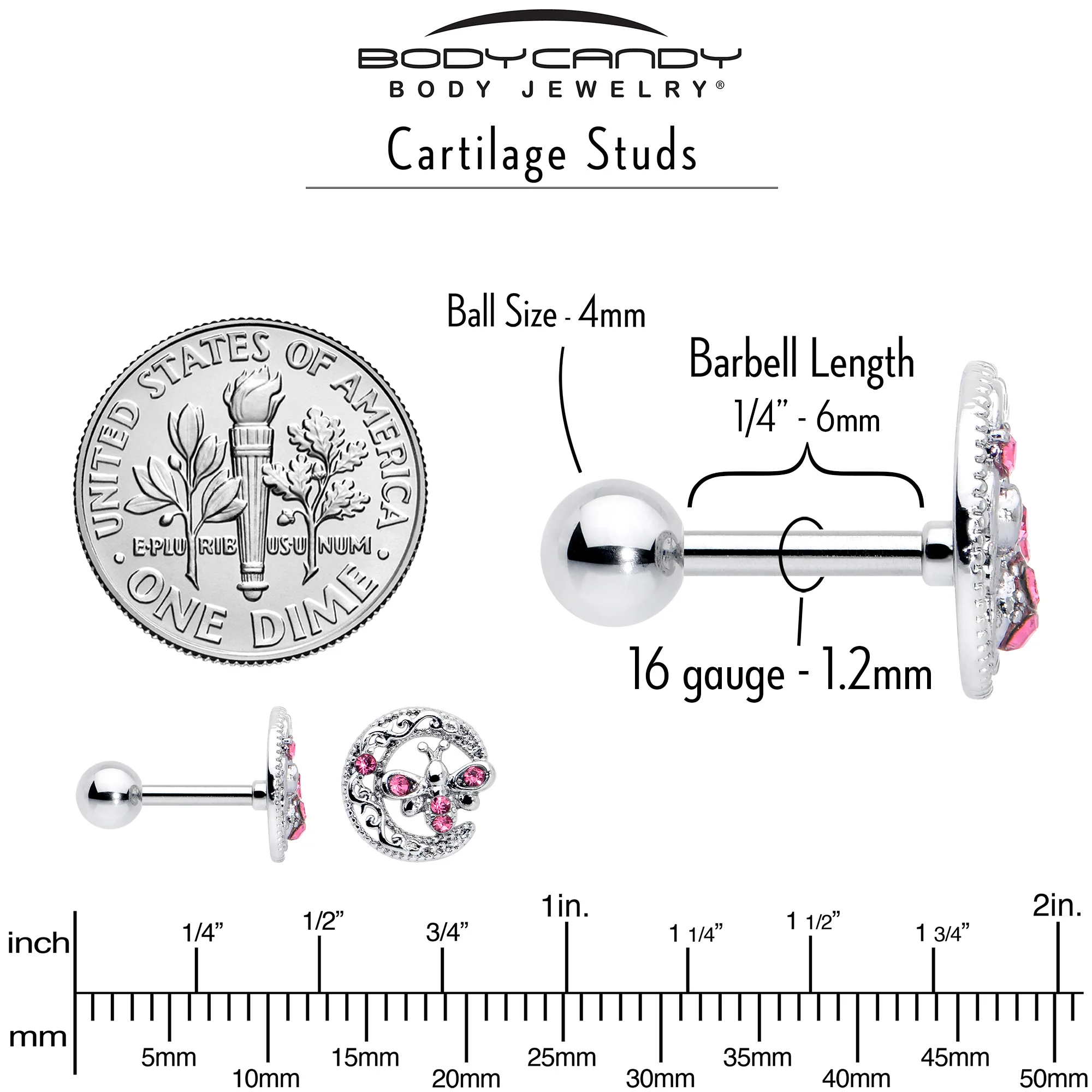16G 1/4 Pink Gem Lunar Dragonfly Cartilage Tragus Earring - Image 6