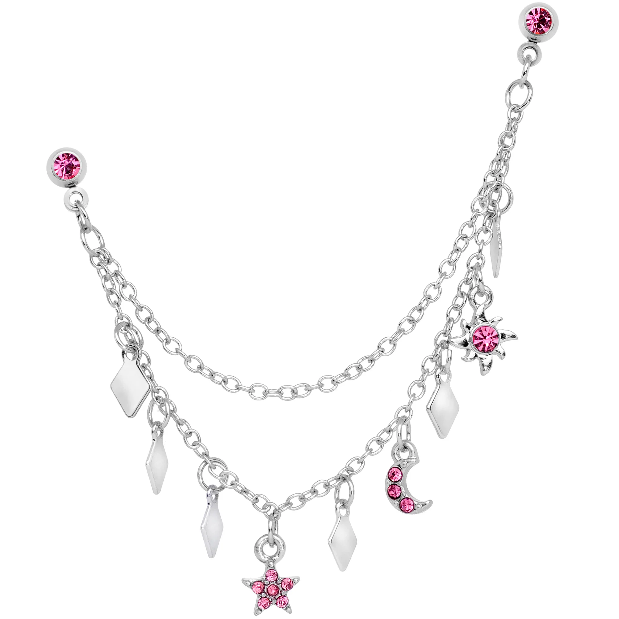 16G 1/4 Pink Gem Moon Star Sun Dangle Cartilage Chain Earring - Image 2