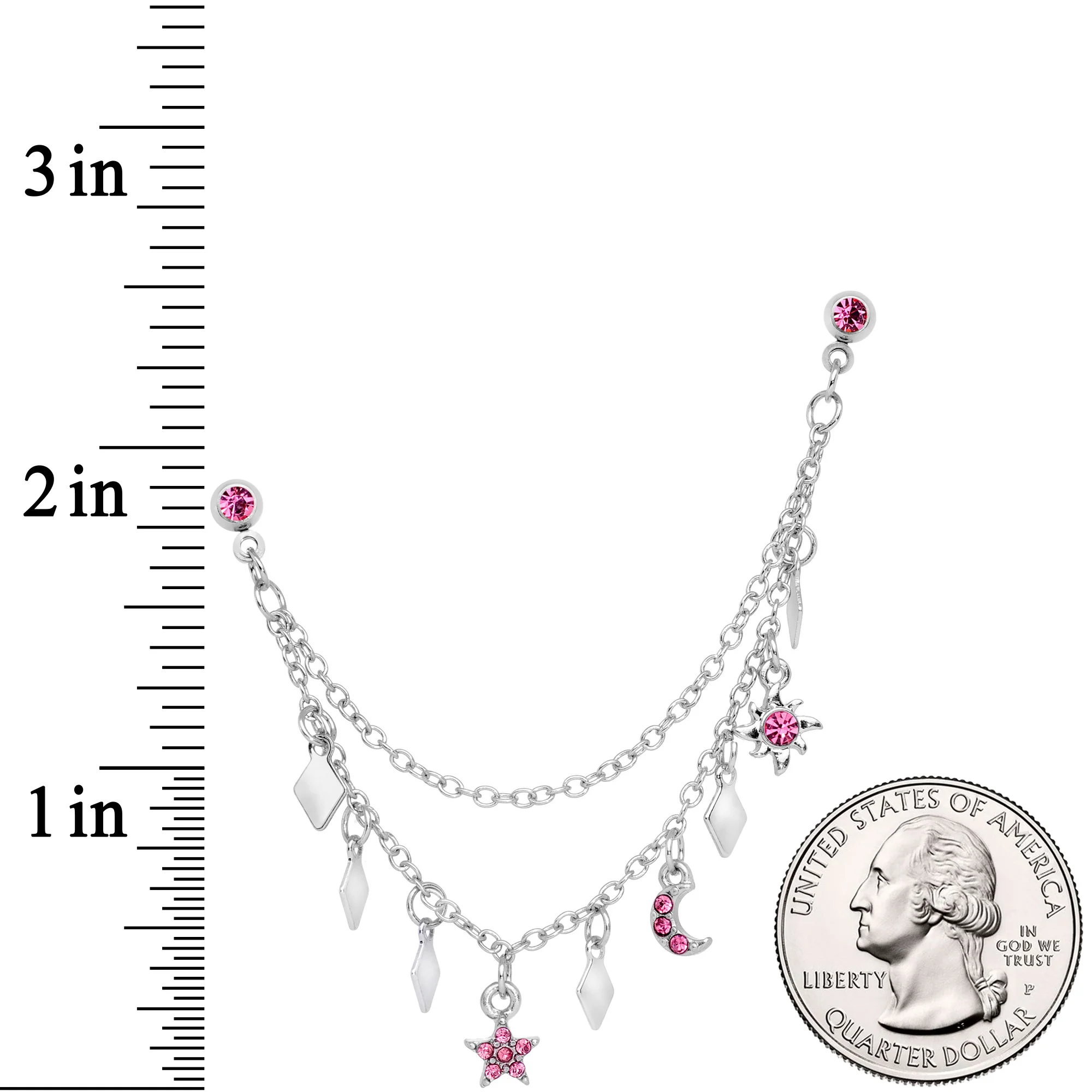 16G 1/4 Pink Gem Moon Star Sun Dangle Cartilage Chain Earring - Image 3