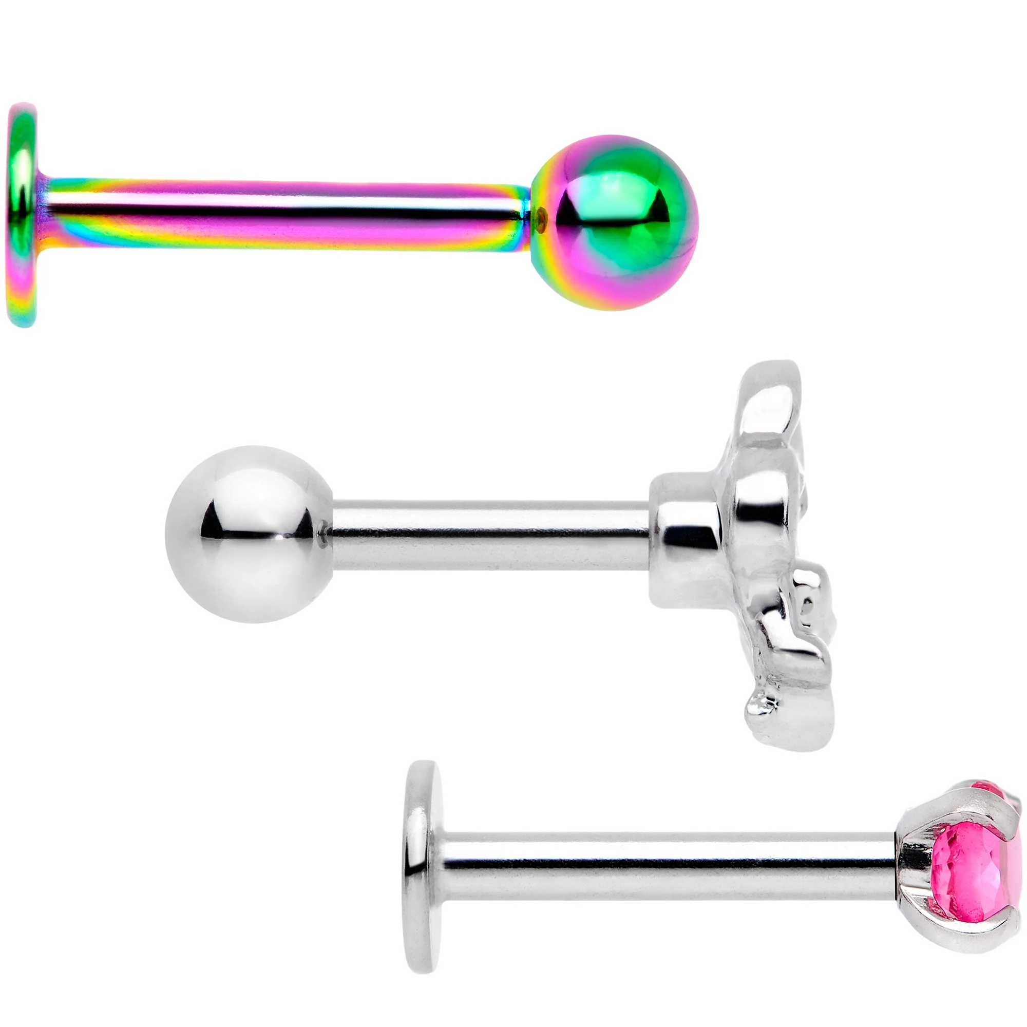 16G 1/4 Pink Gem Rainbow Cartilage Tragus Earring Set of 3 - Image 2