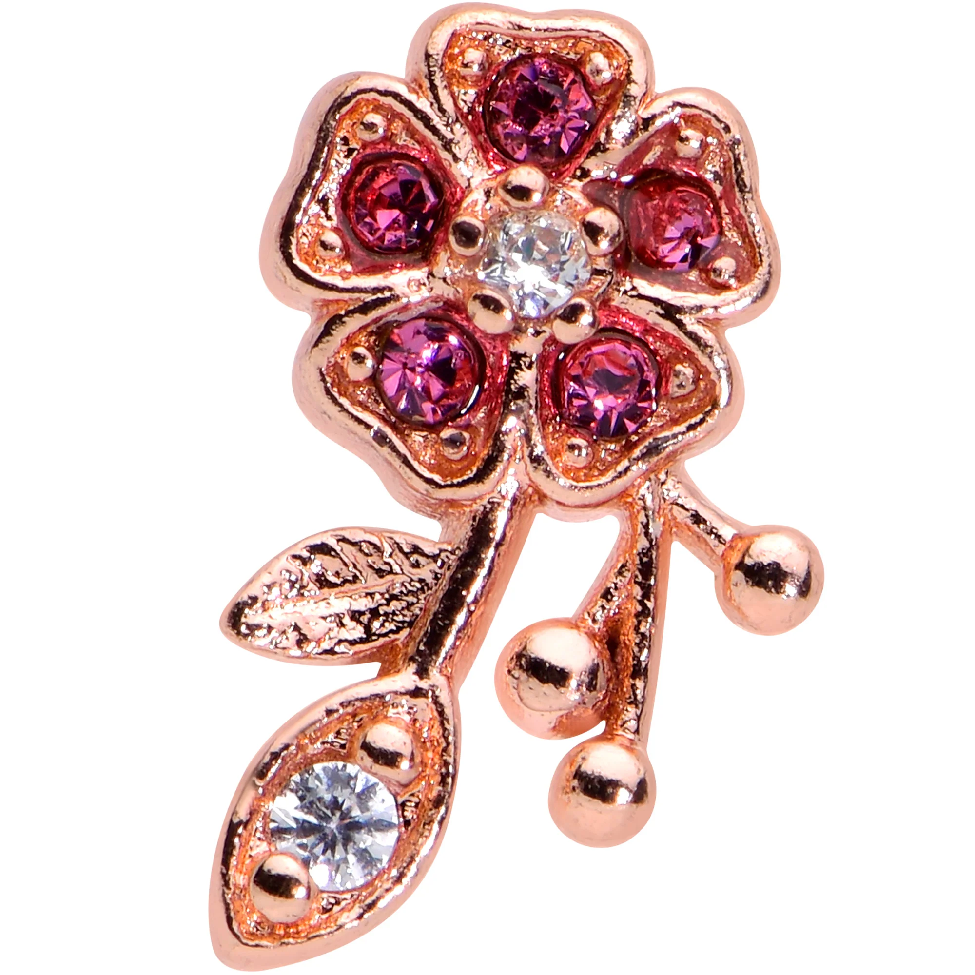 16G 1/4 Pink Gem Rose Gold Tone Heart Flower Cartilage Tragus - Image 2