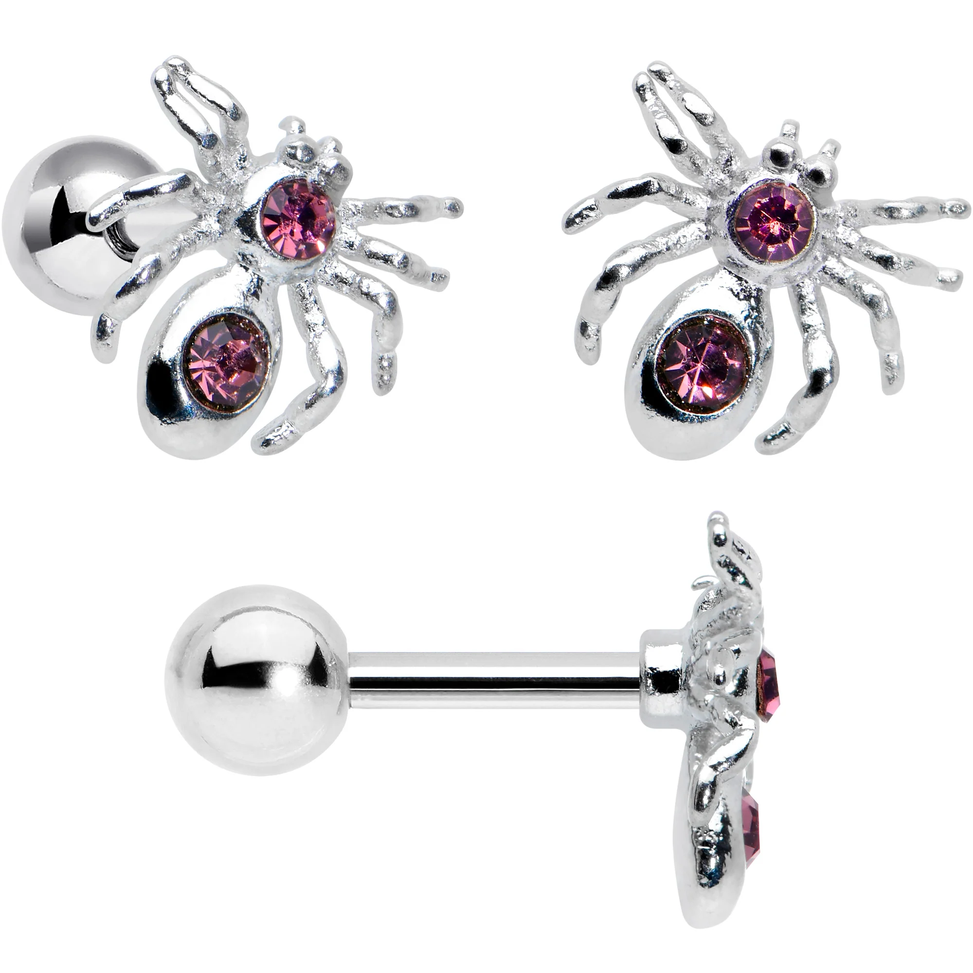 16G 1/4 Pink Gem Spider Witch Halloween Cartilage Tragus Set of 3 - Image 4