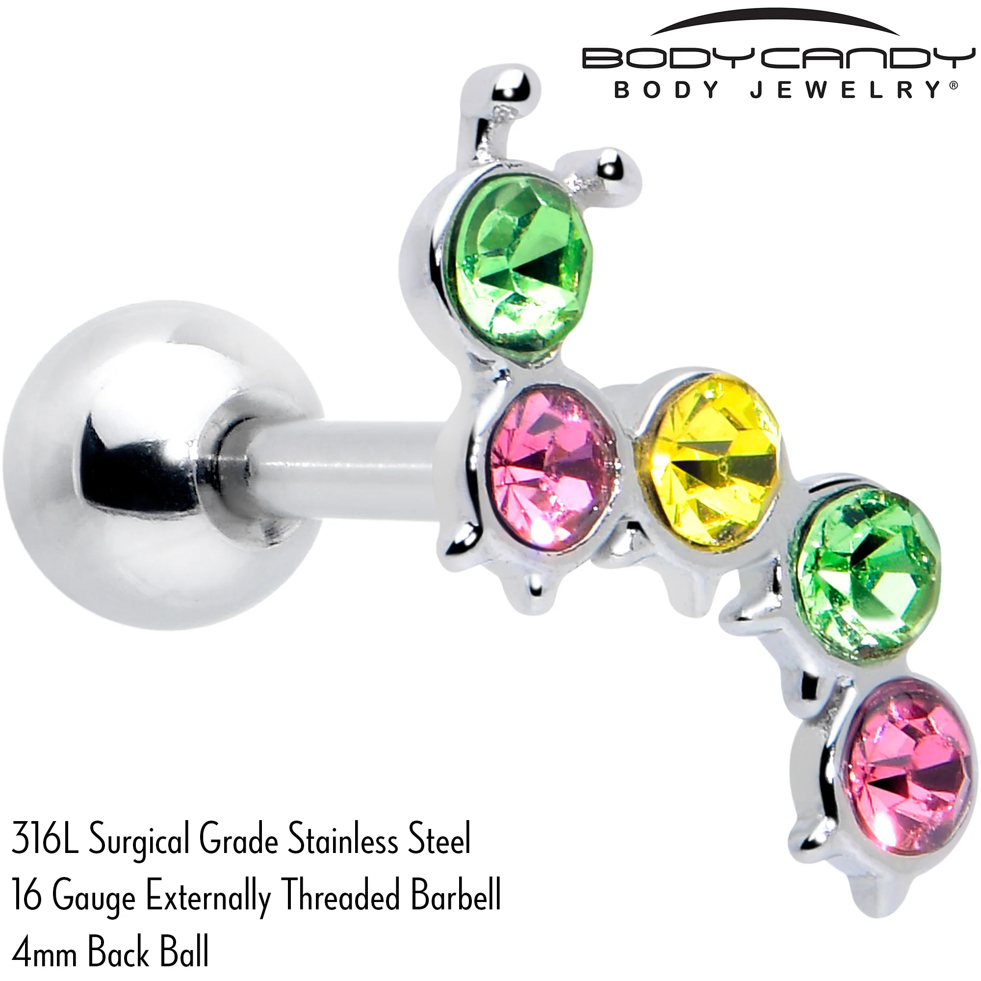 16G 1/4 Pink Green Gem Caterpillar Cartilage Tragus Earring - Image 2