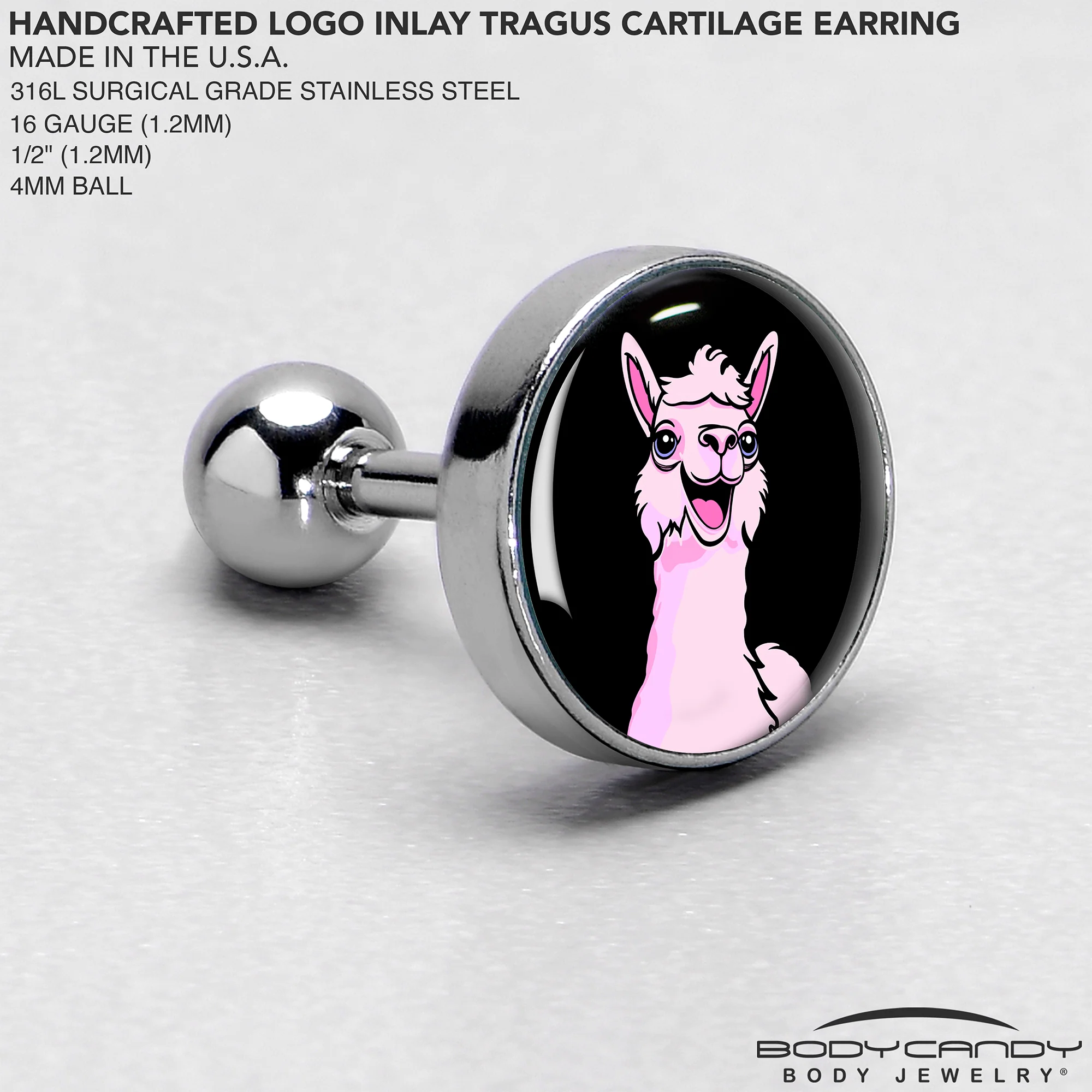 16G 1/4 Pink Happy Llama Cartilage Tragus Earring by Onyx O - Image 4