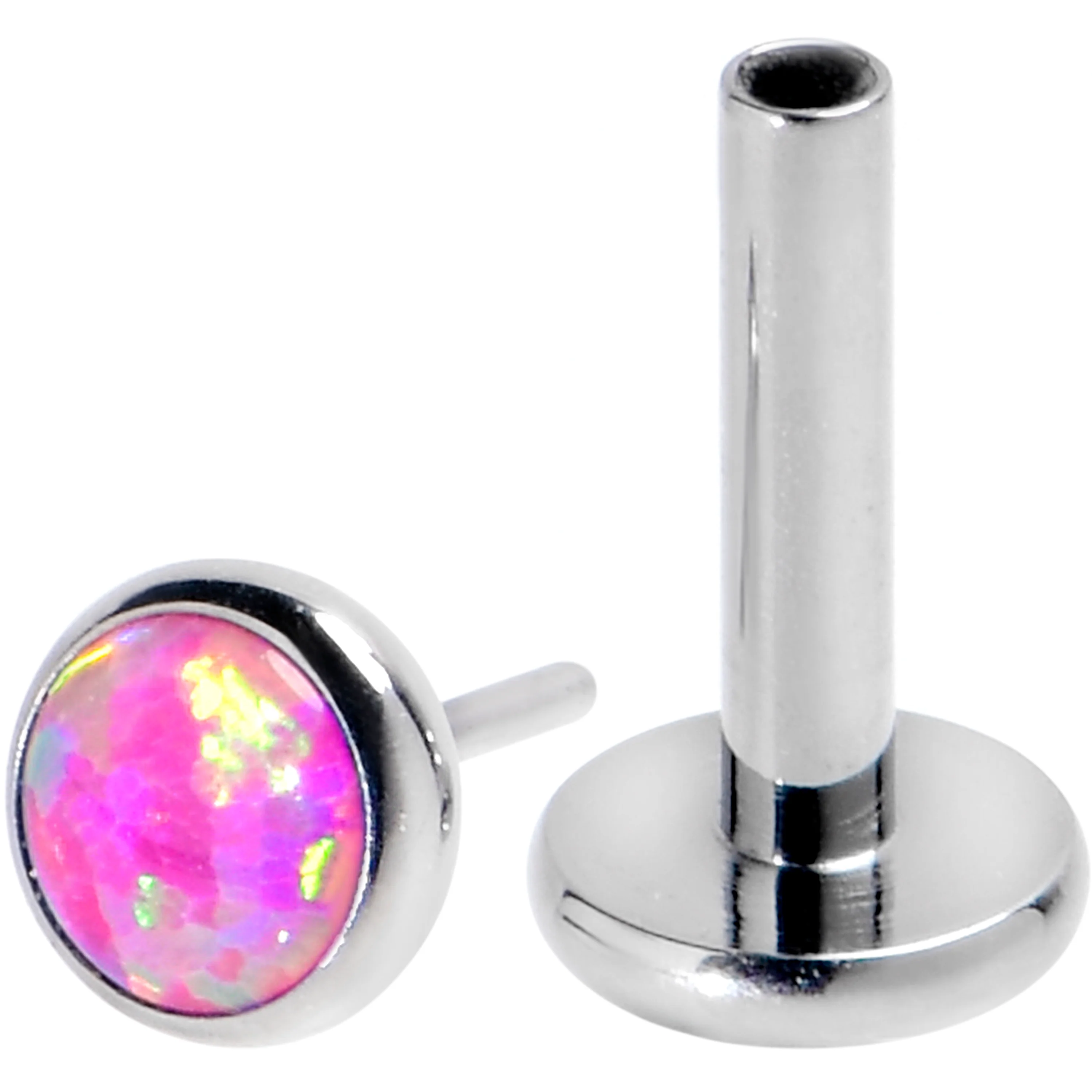16G 1/4 Pink Synthetic Opal G23 Titanium Threadless Push In Labret - Image 2