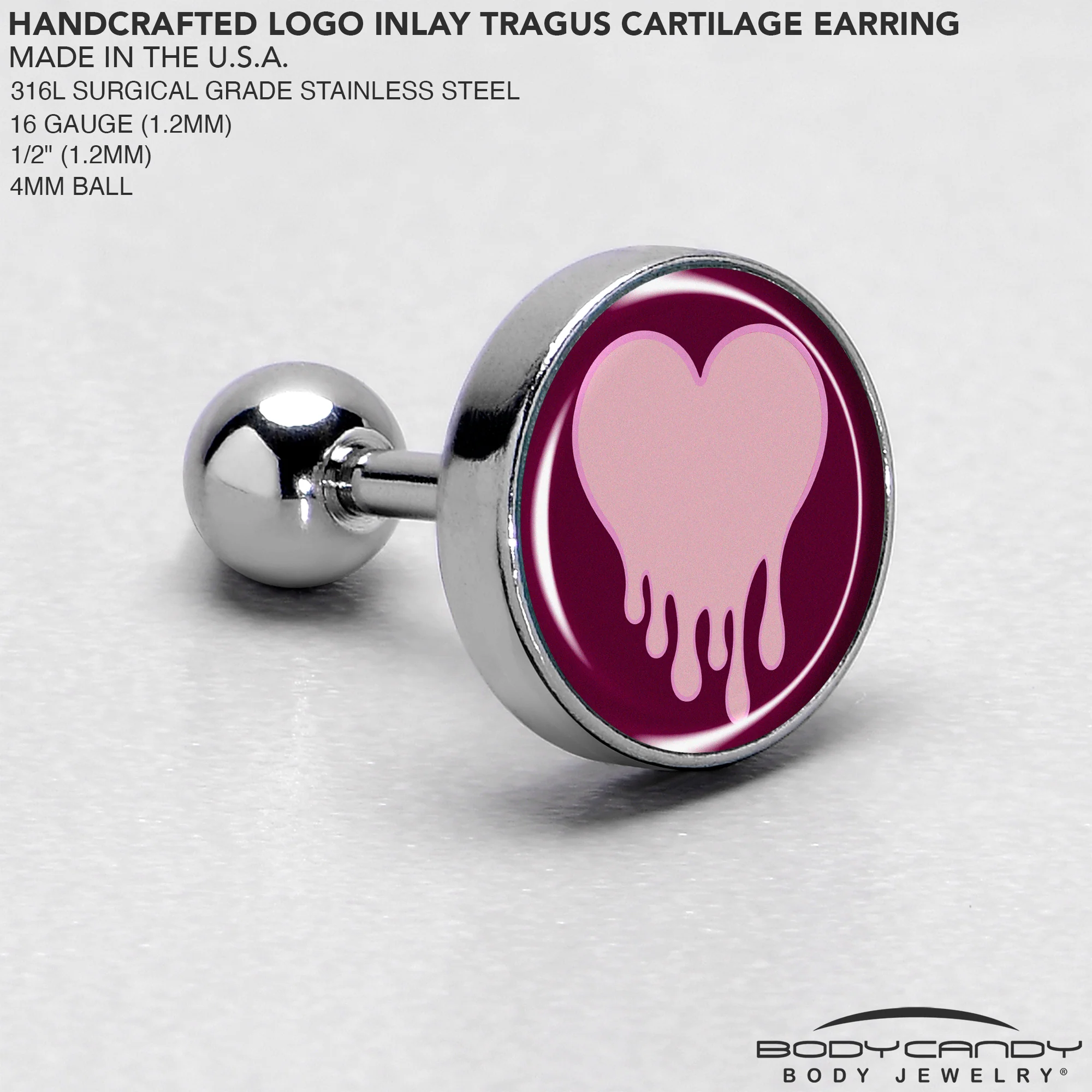 16G 1/4 Pinkish Melting Heart Tragus Cartilage Earring by Onyx O - Image 4