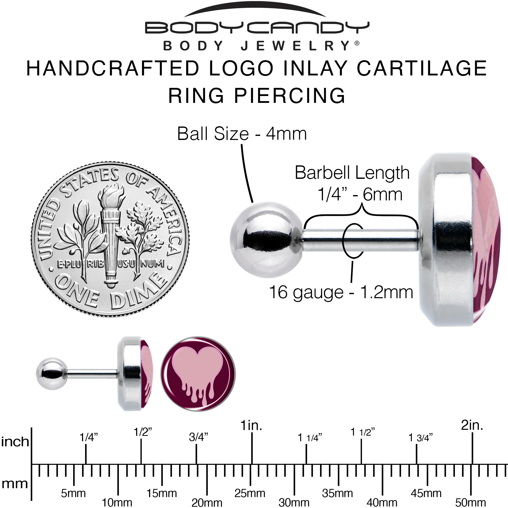 16G 1/4 Pinkish Melting Heart Tragus Cartilage Earring by Onyx O - Image 6