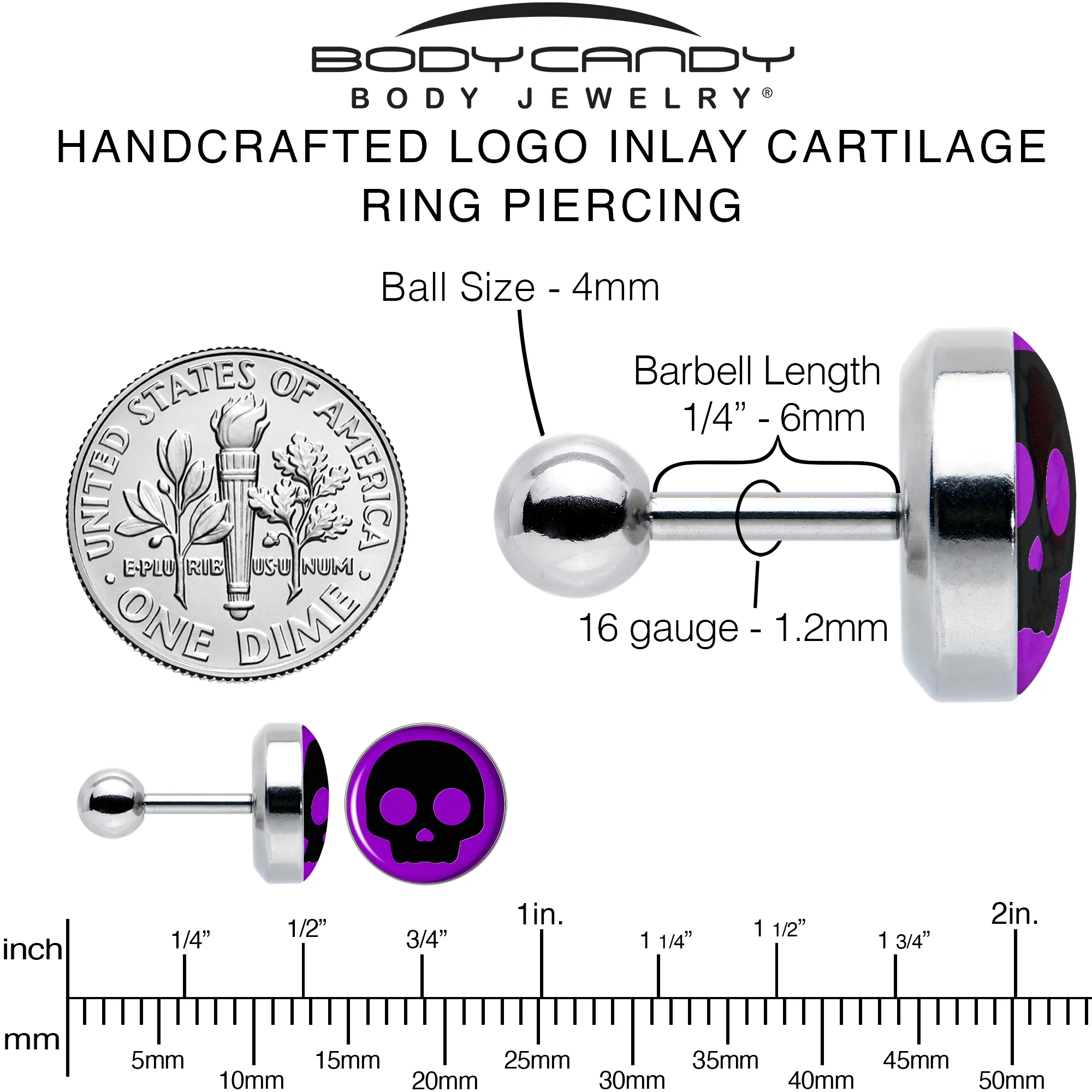 16G 1/4 Purple Black Simple Skull Tragus Cartilage Earring by Onyx O - Image 6