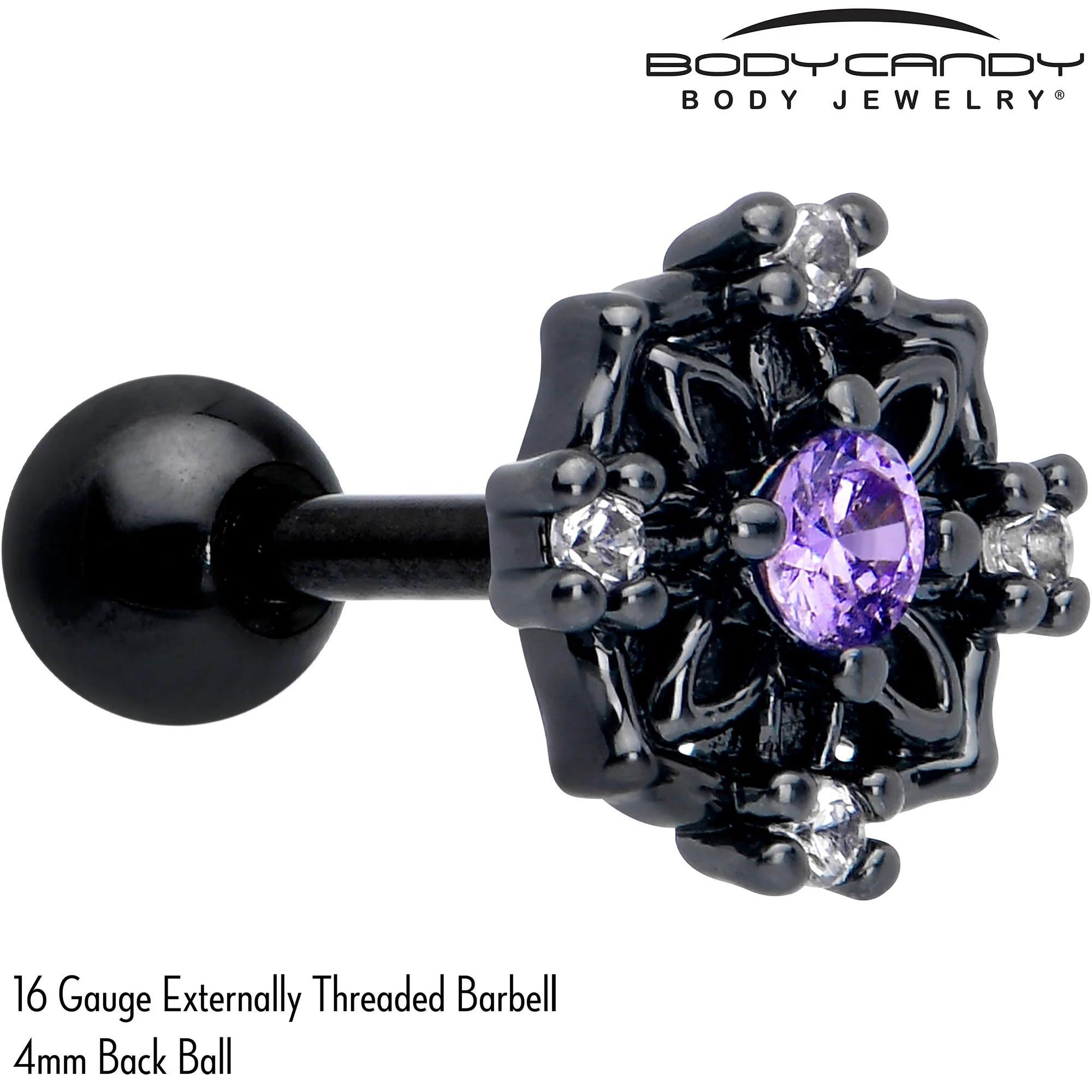 16G 1/4 Purple CZ Gem Black Flower Ring Cartilage Tragus Earring - Image 2