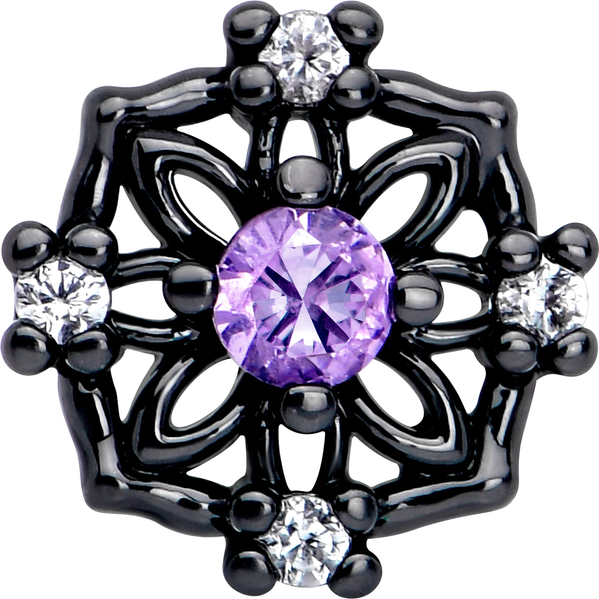 16G 1/4 Purple CZ Gem Black Flower Ring Cartilage Tragus Earring - Image 3