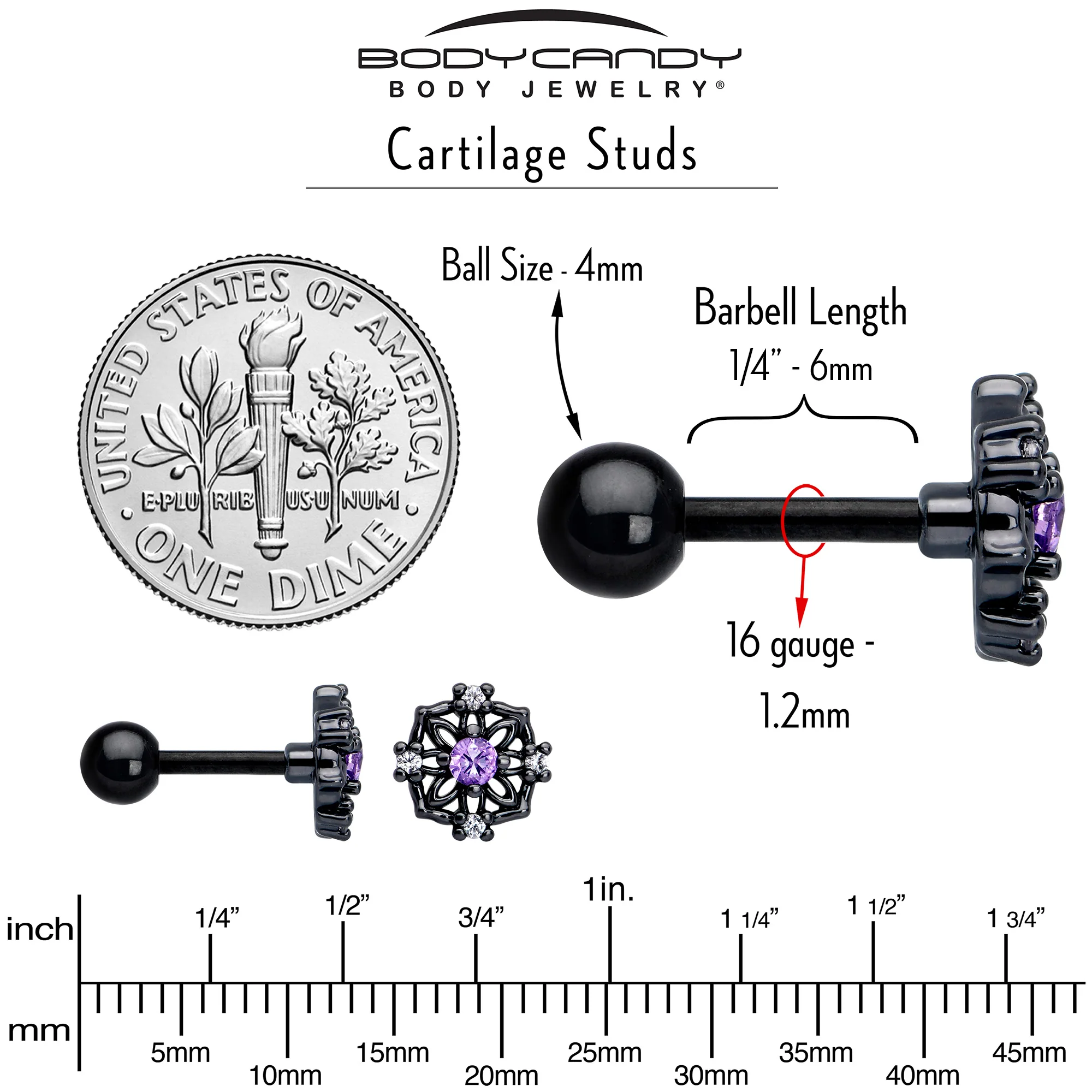 16G 1/4 Purple CZ Gem Black Flower Ring Cartilage Tragus Earring - Image 5
